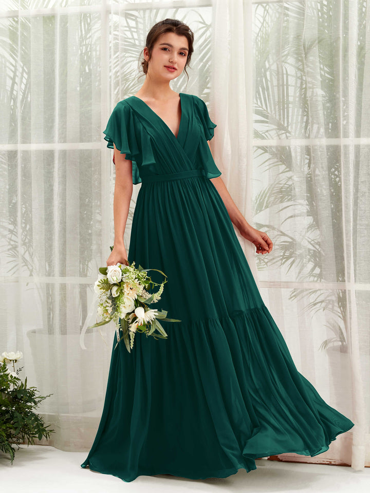 V-neck Cap Sleeves Chiffon Bridesmaid Dress - Dark Emerald (81225917)