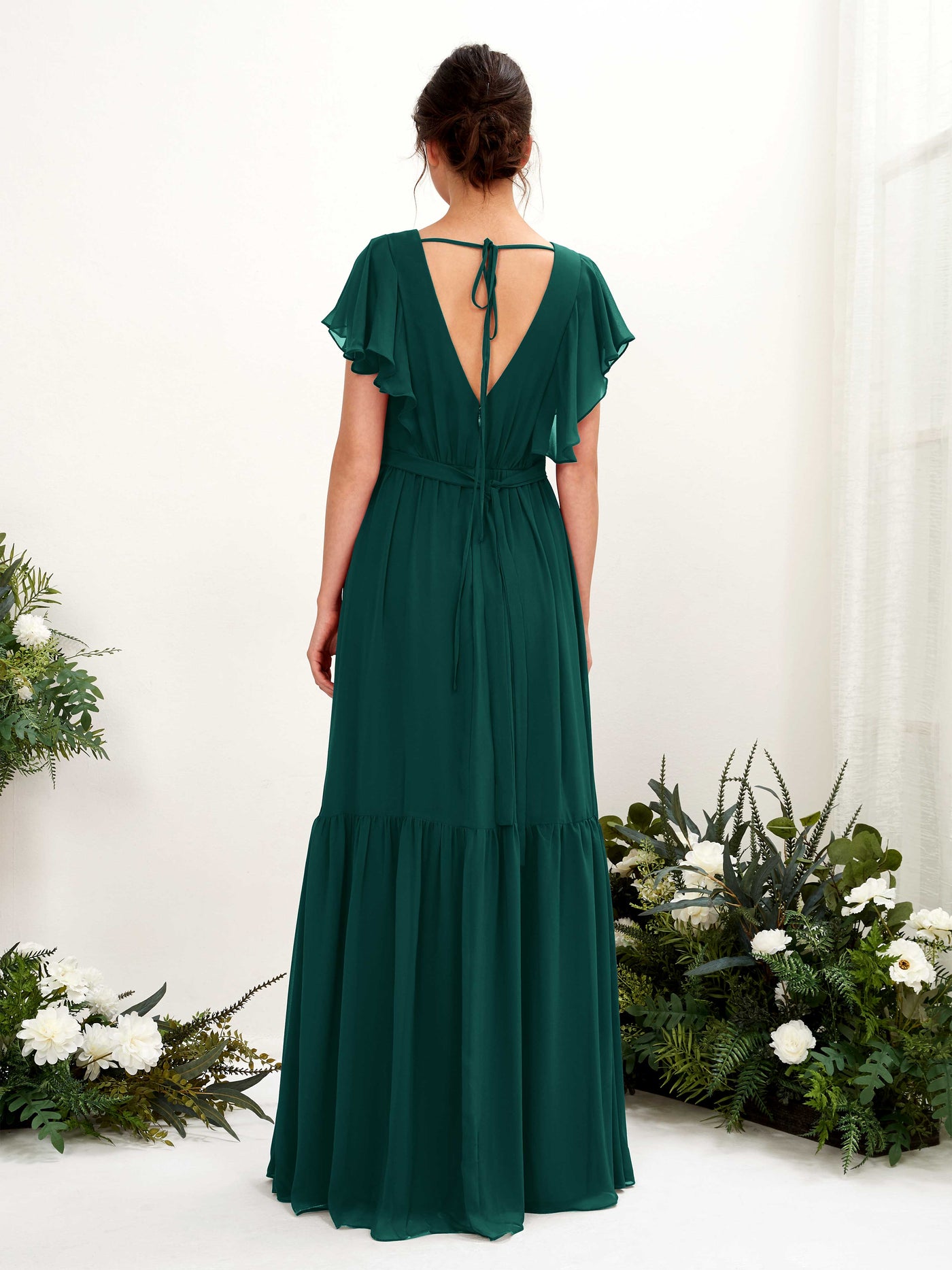 V-neck Cap Sleeves Chiffon Bridesmaid Dress - Dark Emerald (81225917)#color_dark-emerald