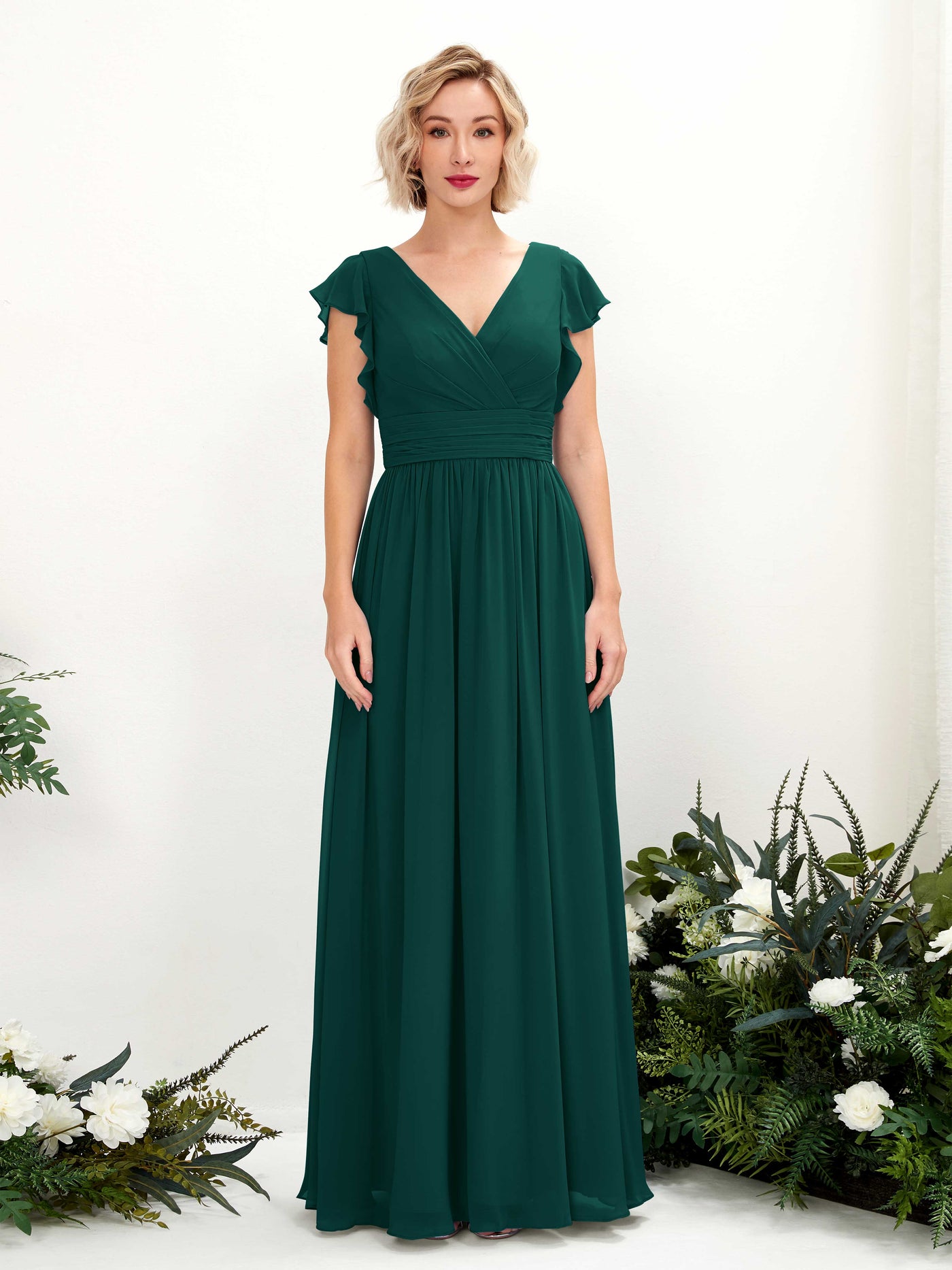 V-neck Short Sleeves Chiffon Bridesmaid Dress - Dark Emerald (81222717)#color_dark-emerald