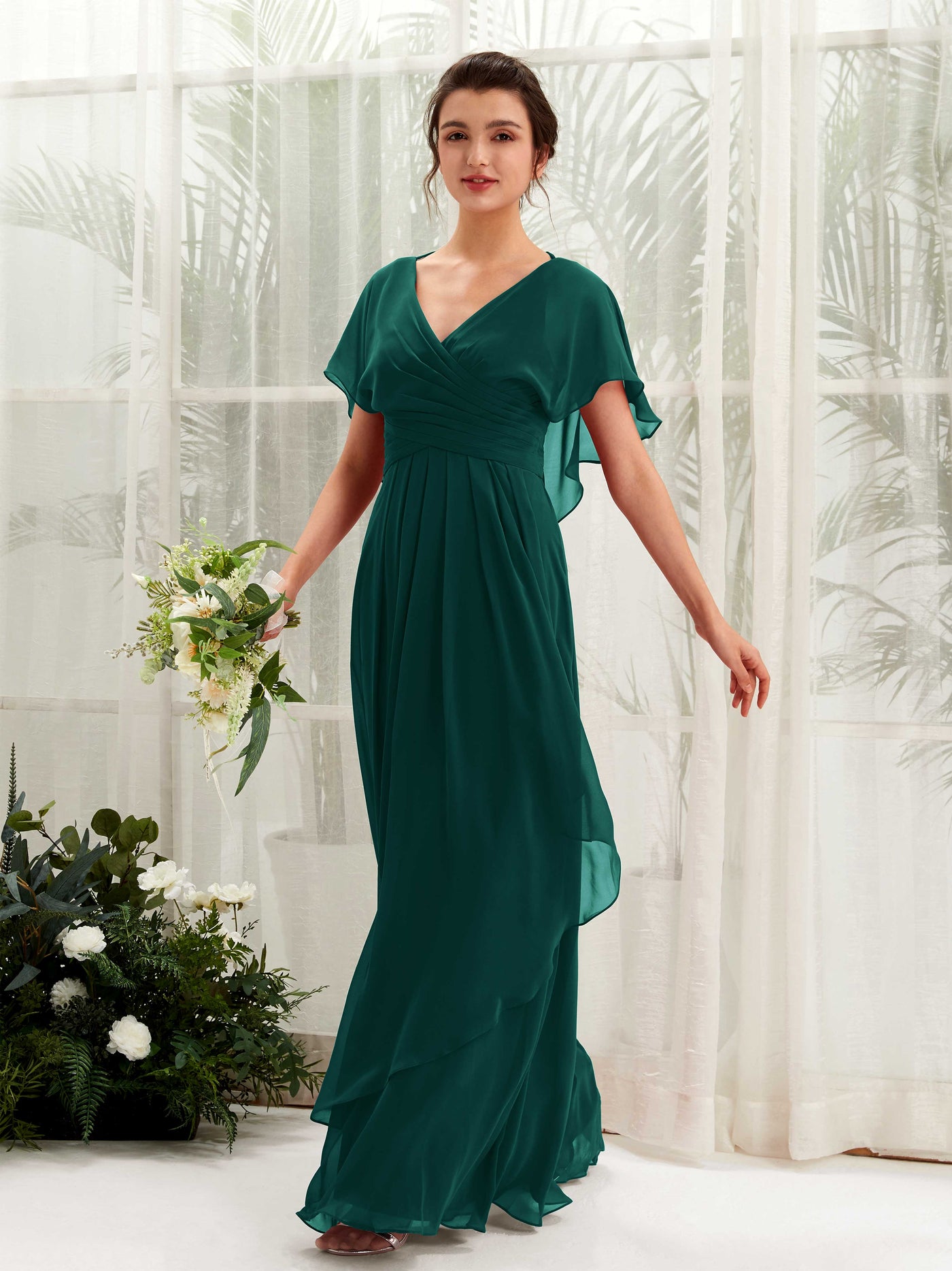 V-neck Short Sleeves Chiffon Bridesmaid Dress - Dark Emerald (81226117)#color_dark-emerald