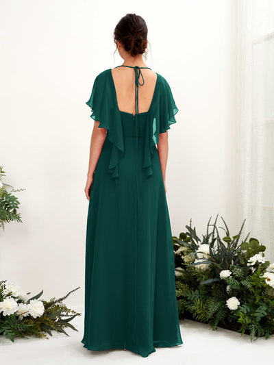 Carlyna Darlene A-Line Dark Emerald Bridesmaid Dress Maxi Short Sleeve V-Neck Dress Back View #color_dark-emerald