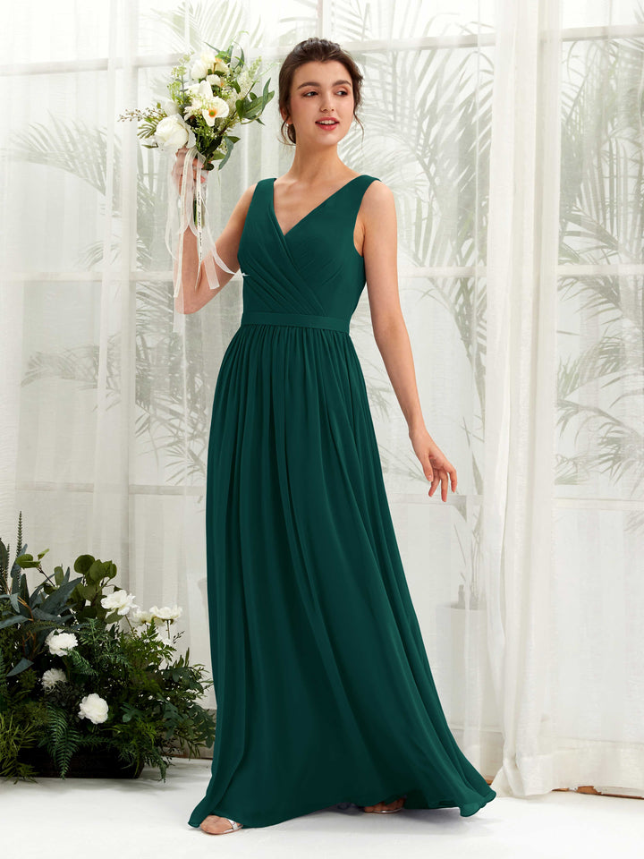 V-neck Sleeveless Chiffon Bridesmaid Dress - Dark Emerald (81223617)