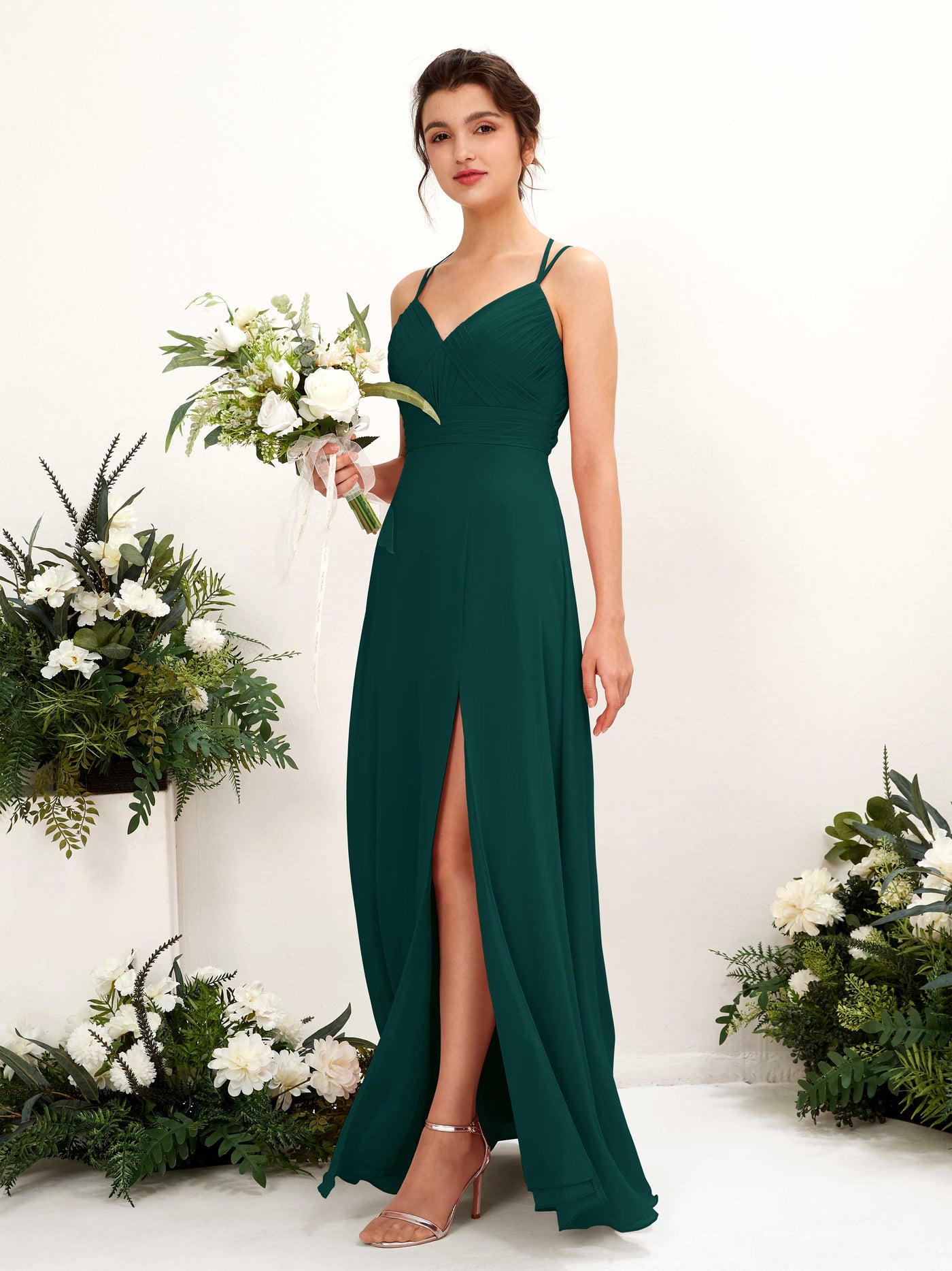 Straps V-neck Sleeveless Chiffon Bridesmaid Dress - Dark Emerald (81225417)#color_dark-emerald