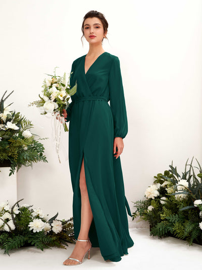 Carlyna Elsie A-Line Dark Emerald Bridesmaid Dress Maxi Long Sleeve V-Neck Front View #color_dark-emerald