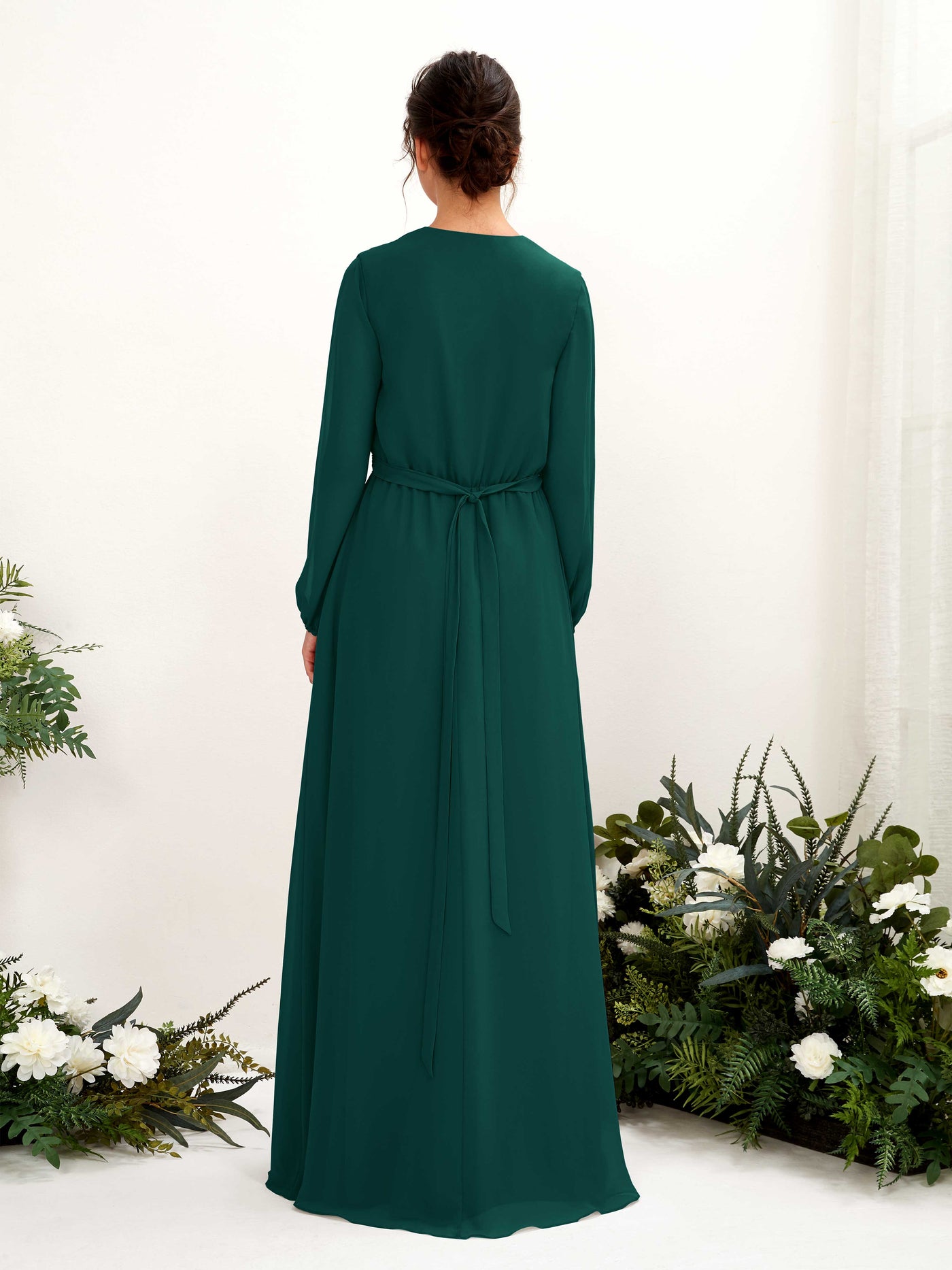 V-neck Long Sleeves Chiffon Bridesmaid Dress - Dark Emerald (81223217)#color_dark-emerald