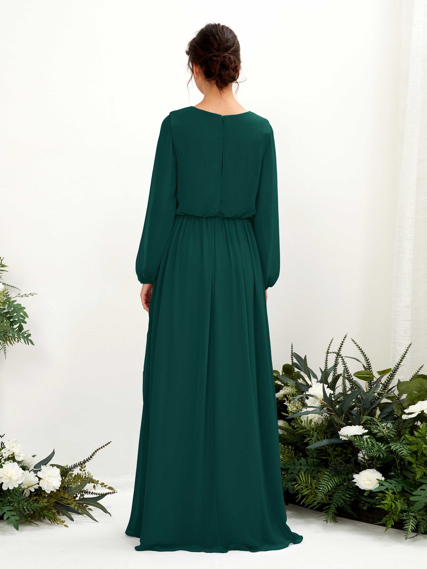 V-neck Long Sleeves Chiffon Bridesmaid Dress - Dark Emerald (81223817)#color_dark-emerald