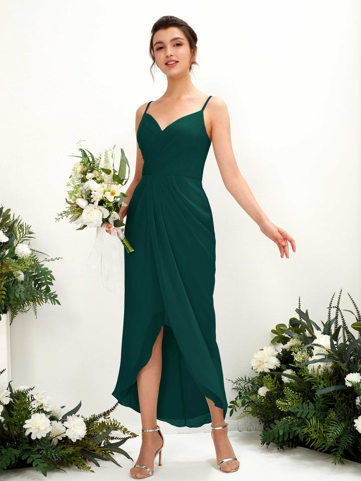 Spaghetti-straps V-neck Sleeveless Chiffon Bridesmaid Dress - Dark Emerald (81221317)