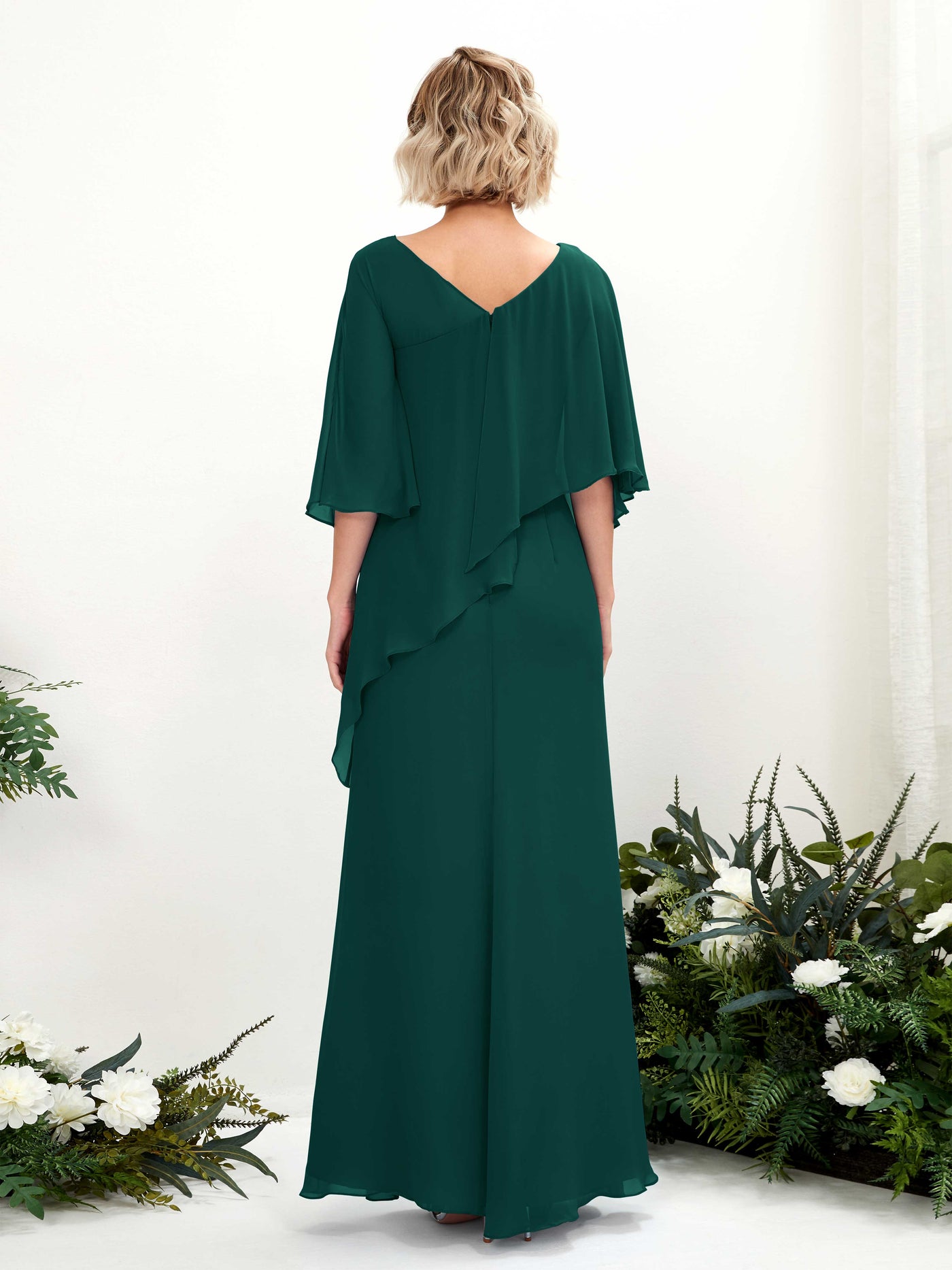 V-neck 3/4 Sleeves Chiffon Bridesmaid Dress - Dark Emerald (81222517)#color_dark-emerald
