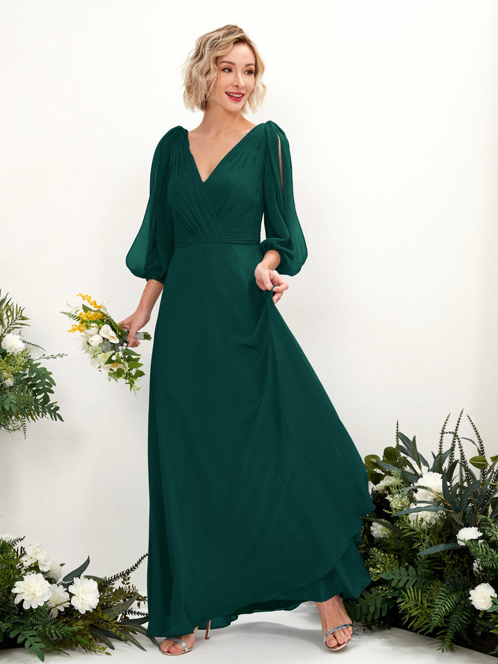 V-neck 3/4 Sleeves Chiffon Bridesmaid Dress - Dark Emerald (81223517)