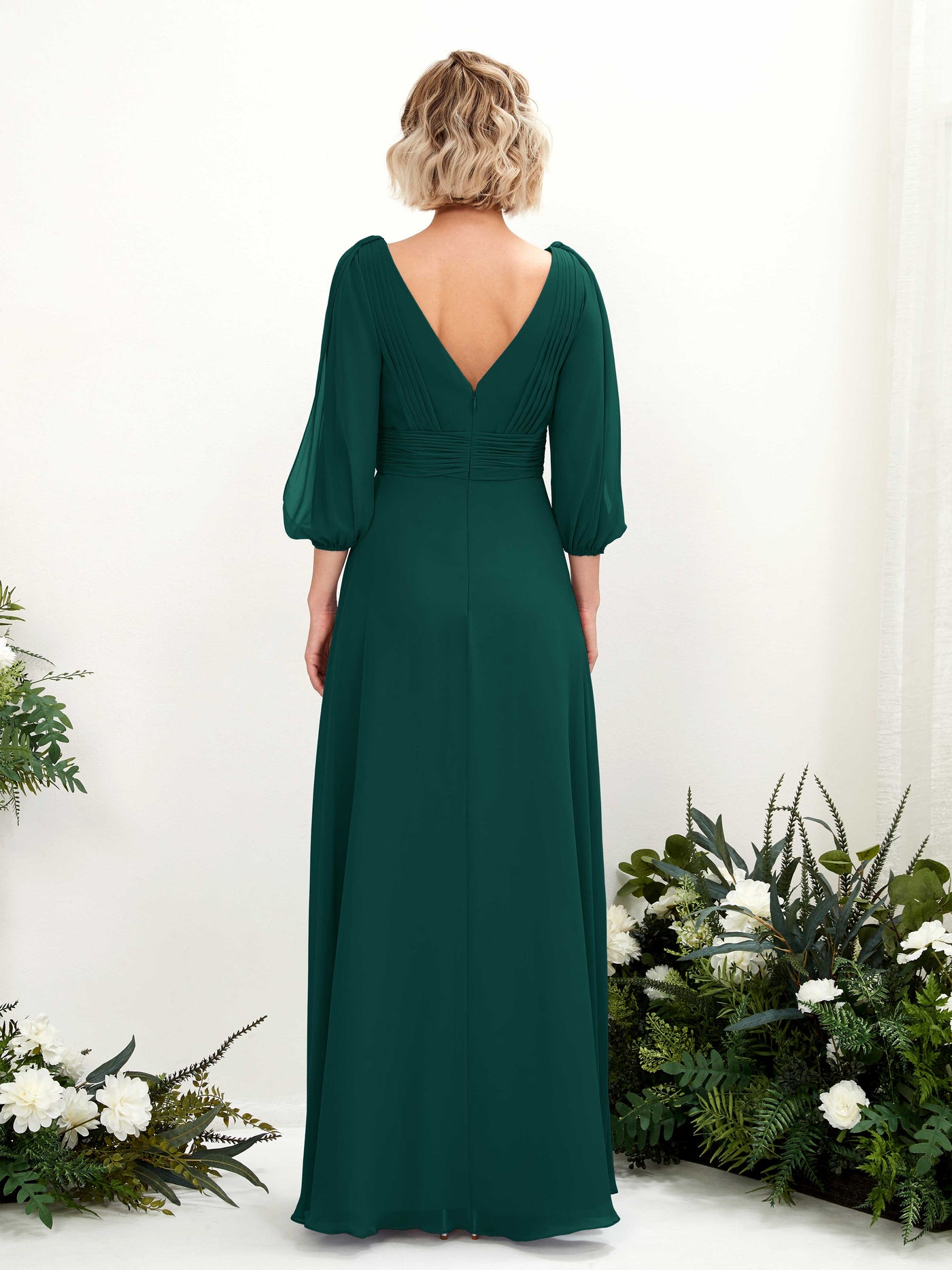 V-neck 3/4 Sleeves Chiffon Bridesmaid Dress - Dark Emerald (81223517)#color_dark-emerald