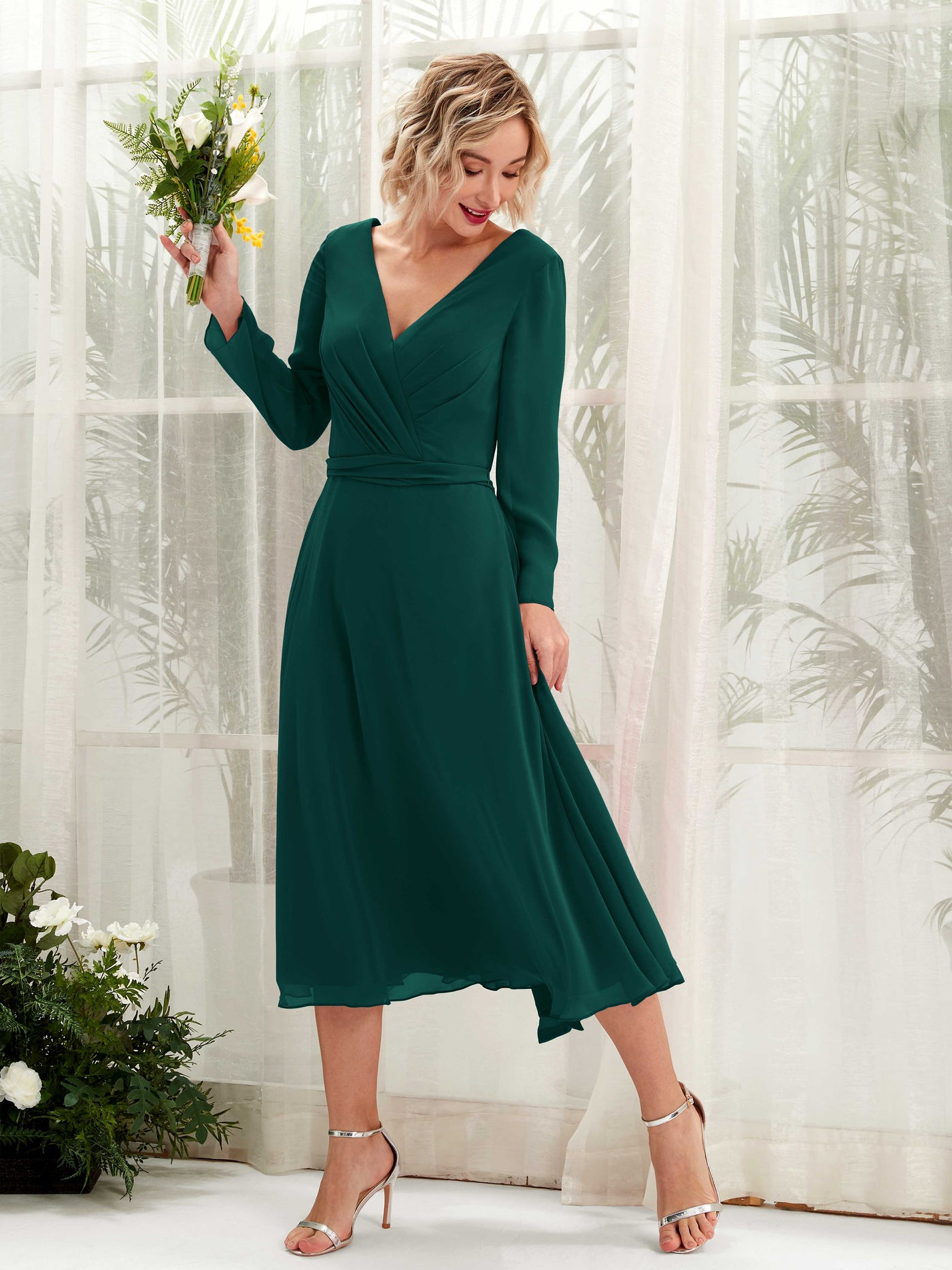 V-neck Long Sleeves Chiffon Bridesmaid Dress - Dark Emerald (81223317)#color_dark-emerald