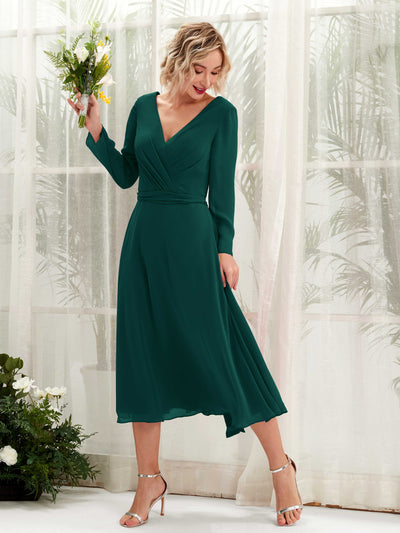 Carlyna Joanna A-Line Dark Emerald Bridesmaid Dress Midi Long Sleeve V-Neck  #color_dark-emerald