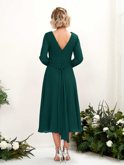 Carlyna Joanna A-Line Dark Emerald Bridesmaid Dress Midi Long Sleeve V-Neck  #color_dark-emerald