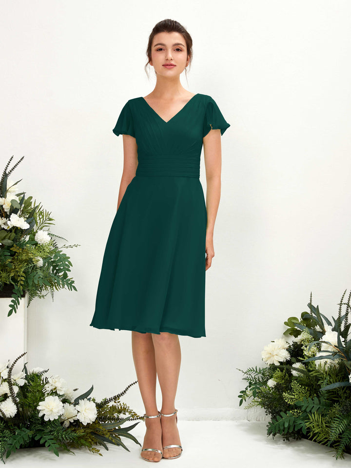 V-neck Short Sleeves Chiffon Bridesmaid Dress - Dark Emerald (81220217)