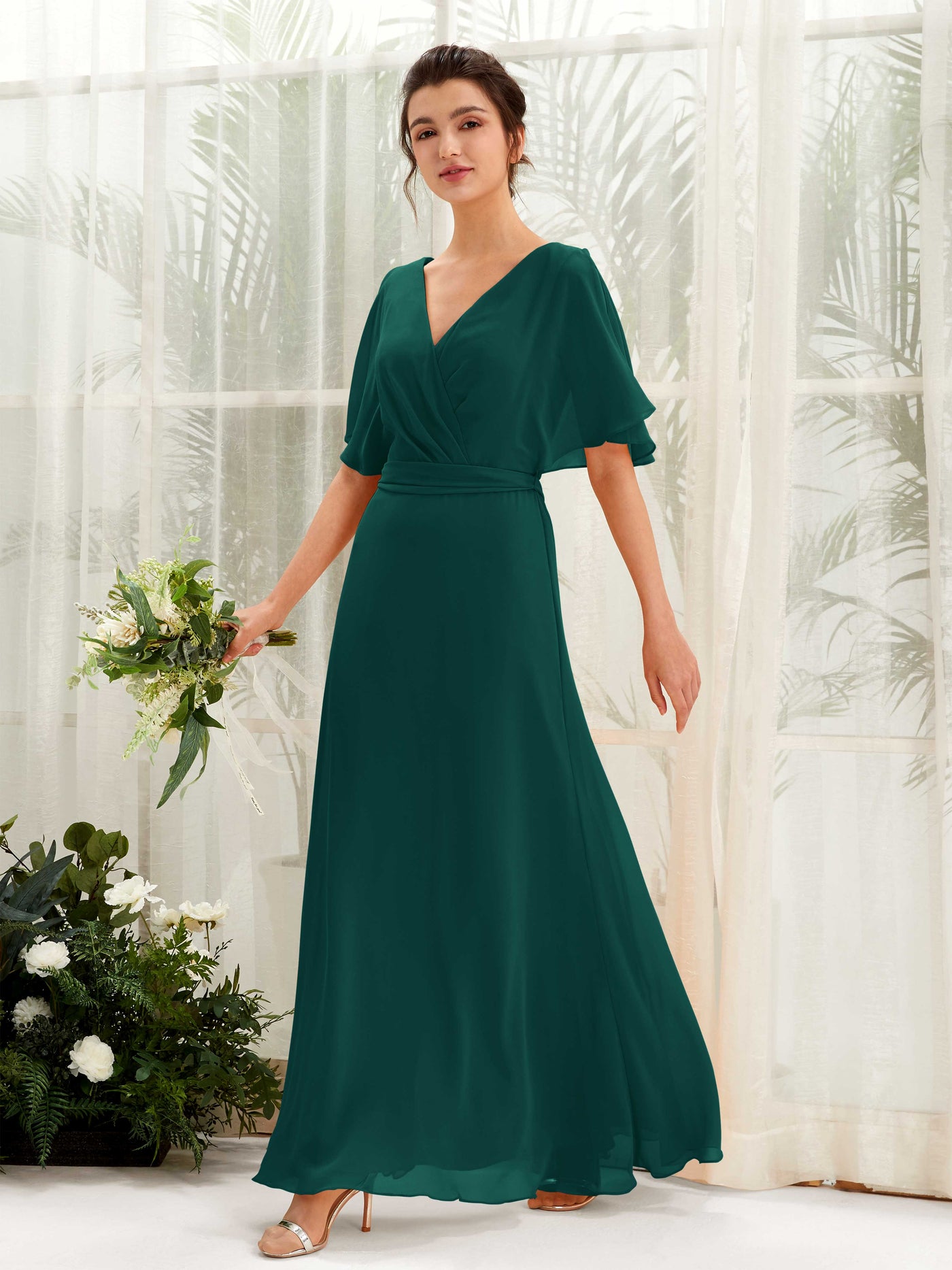 V-neck Short Sleeves Chiffon Bridesmaid Dress - Dark Emerald (81222417)#color_dark-emerald
