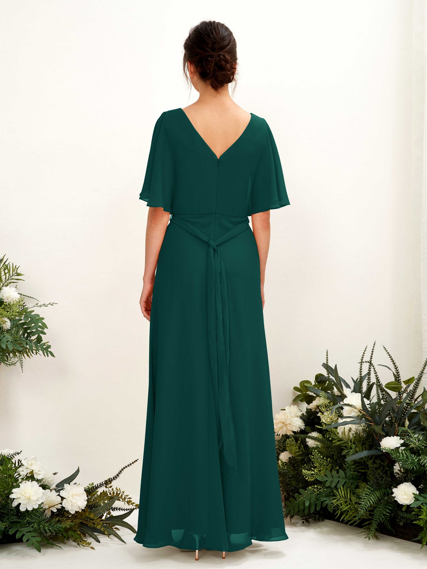 V-neck Short Sleeves Chiffon Bridesmaid Dress - Dark Emerald (81222417)#color_dark-emerald