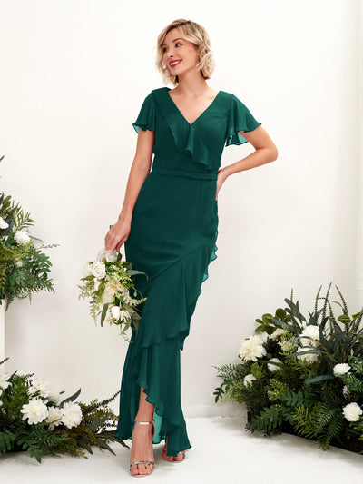 Carlyna Eartha Mermaid Dark Emerald Bridesmaid Dress Maxi Cap Sleeve V-Neck Dress Front View #color_dark-emerald