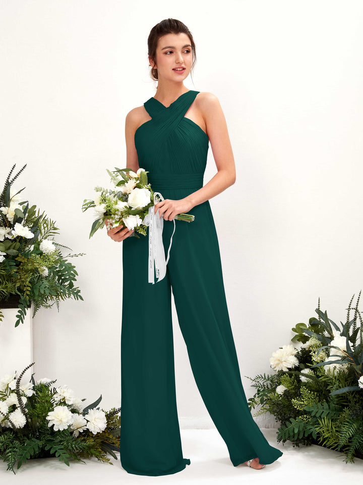 V-neck Sleeveless Chiffon Bridesmaid Dress Wide-Leg Jumpsuit - Dark Emerald (81220717)