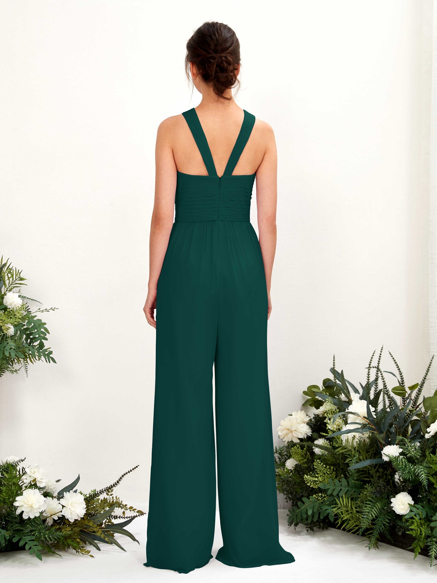 V-neck Sleeveless Chiffon Bridesmaid Dress Wide-Leg Jumpsuit - Dark Emerald (81220717)#color_dark-emerald