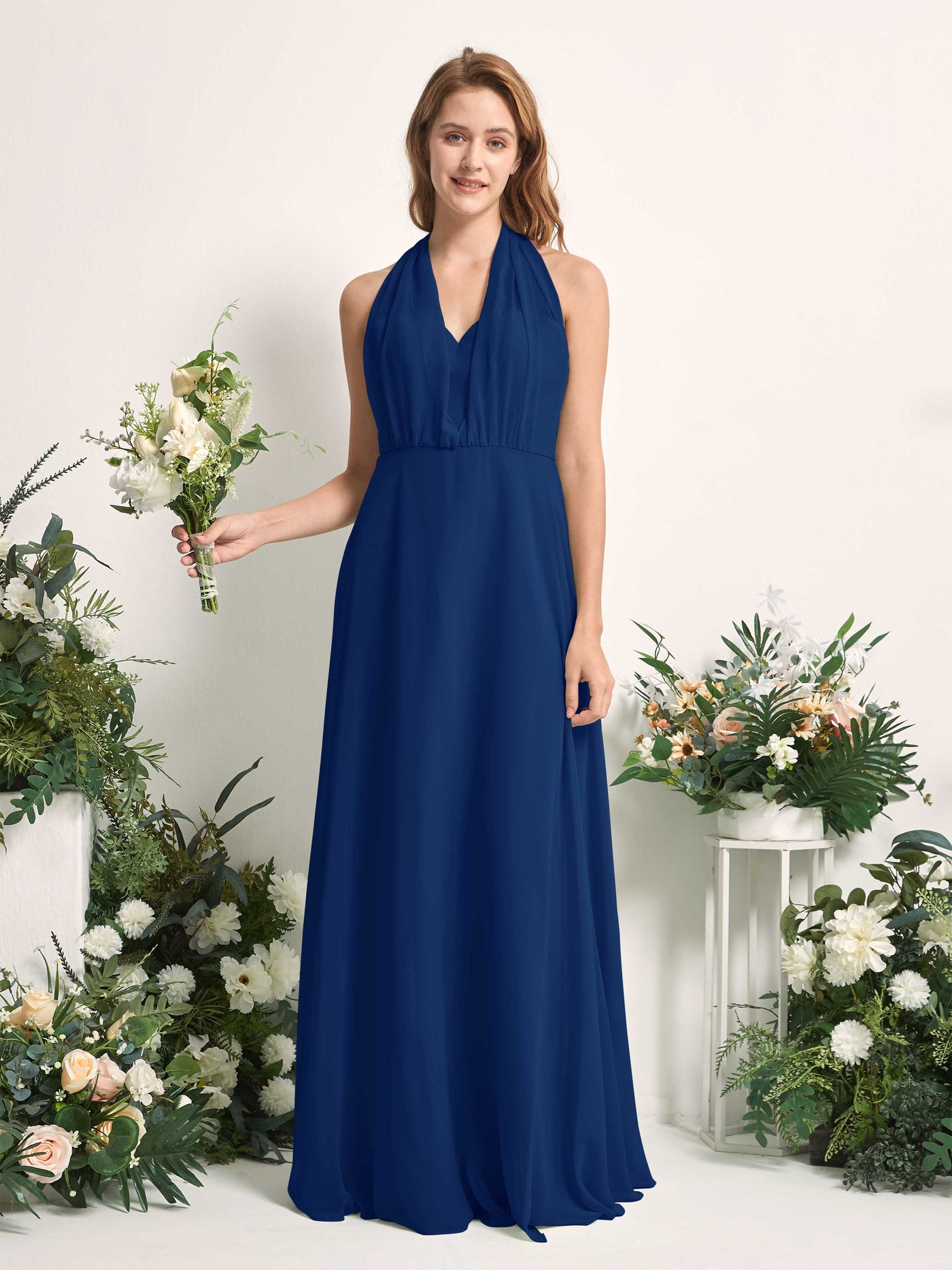 Bridesmaid Dress A-line Chiffon Halter Full Length Short Sleeves Wedding Party Dress - Royal Blue (81226337)#color_royal-blue