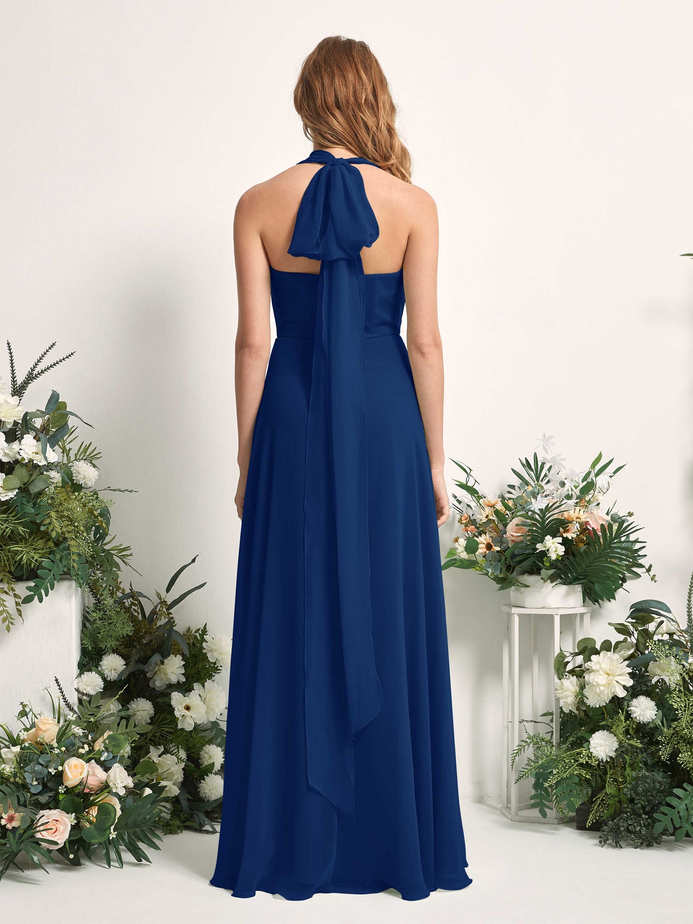 Bridesmaid Dress A-line Chiffon Halter Full Length Short Sleeves Wedding Party Dress - Royal Blue (81226337)#color_royal-blue