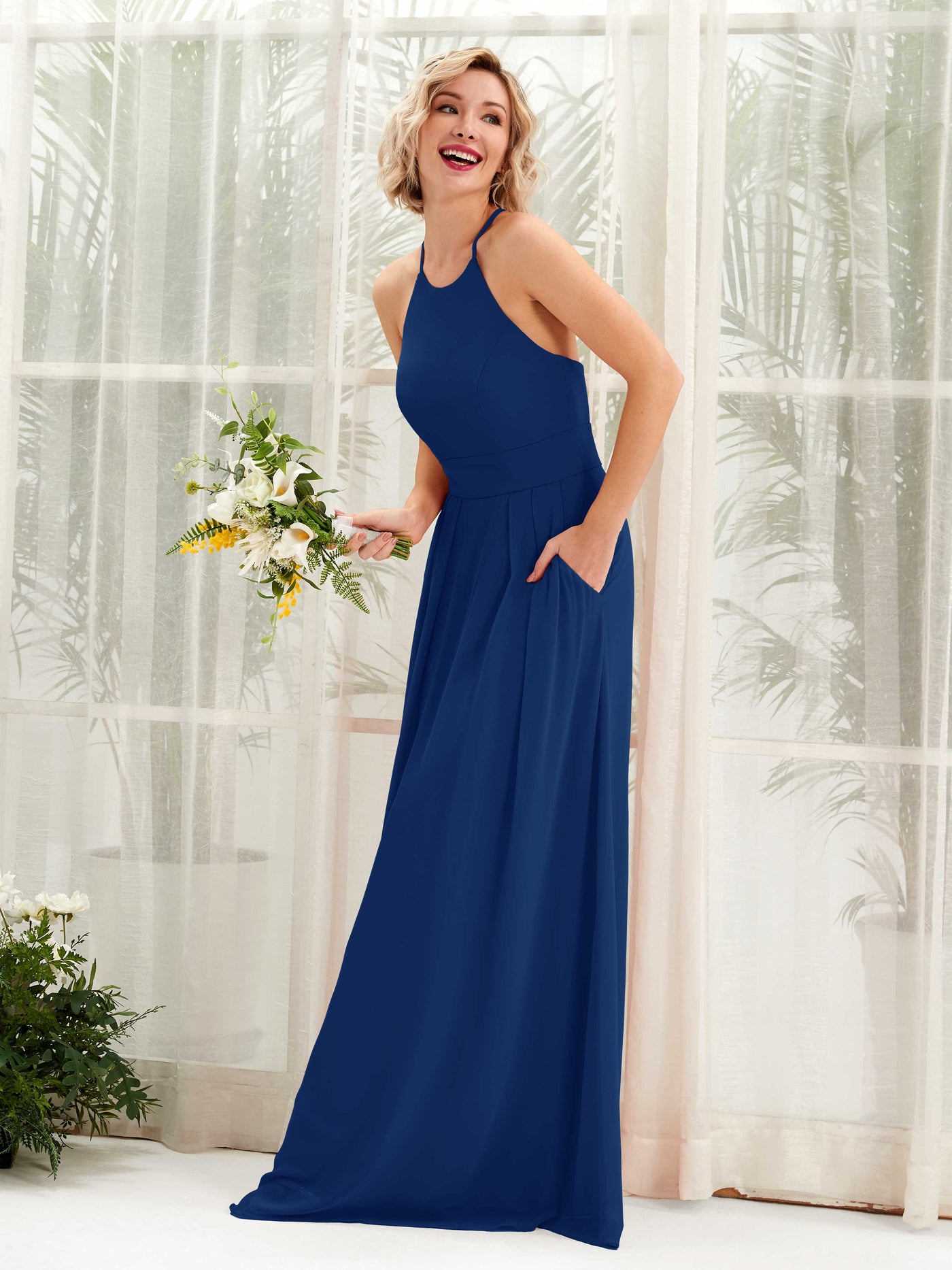 A-line Ball Gown Halter Spaghetti-straps Sleeveless Bridesmaid Dress - Royal Blue (81225237)#color_royal-blue