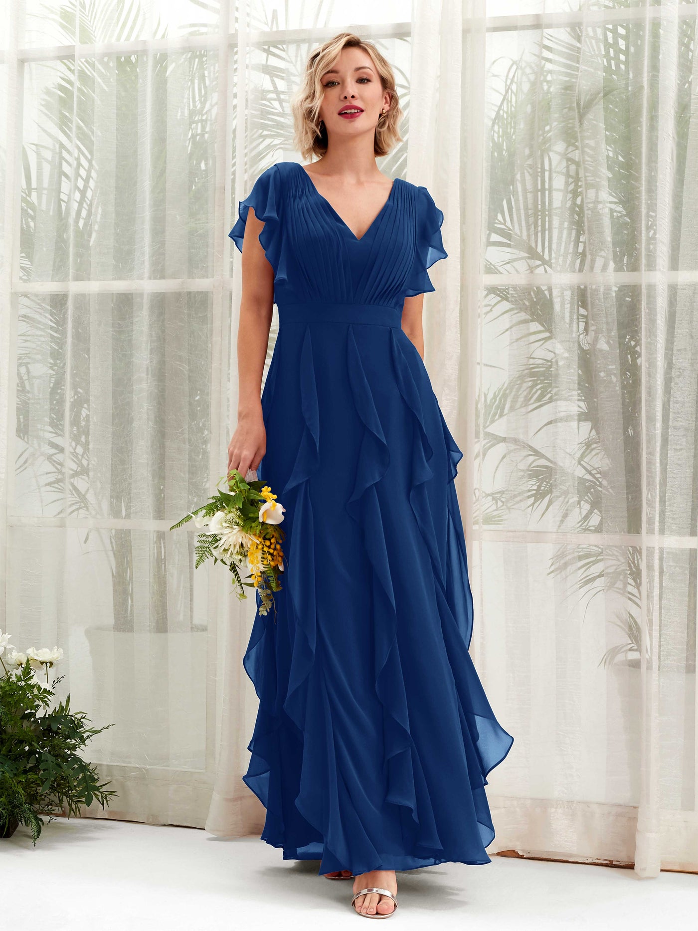 A-line V-neck Short Sleeves Chiffon Bridesmaid Dress - Royal Blue (81226037)#color_royal-blue