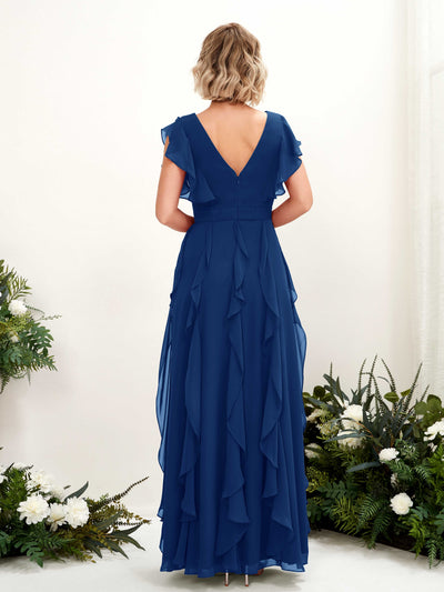 Carlyna Cynthia A-Line Royal Blue Bridesmaid Dress Maxi Cap Sleeve V-Neck Dress Back View #color_royal-blue
