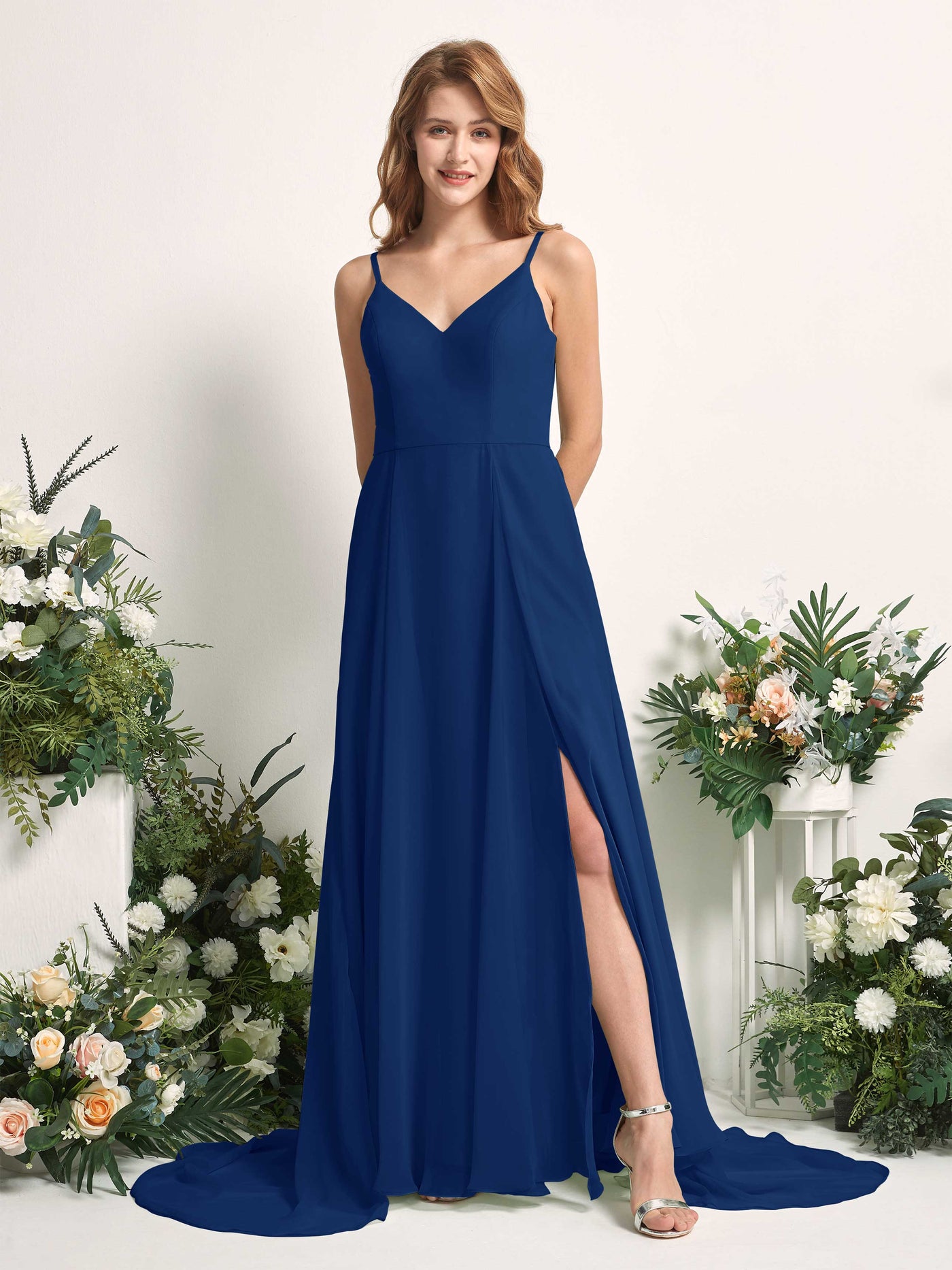 Bridesmaid Dress A-line Chiffon Spaghetti-straps Full Length Sleeveless Wedding Party Dress - Royal Blue (81227737)#color_royal-blue