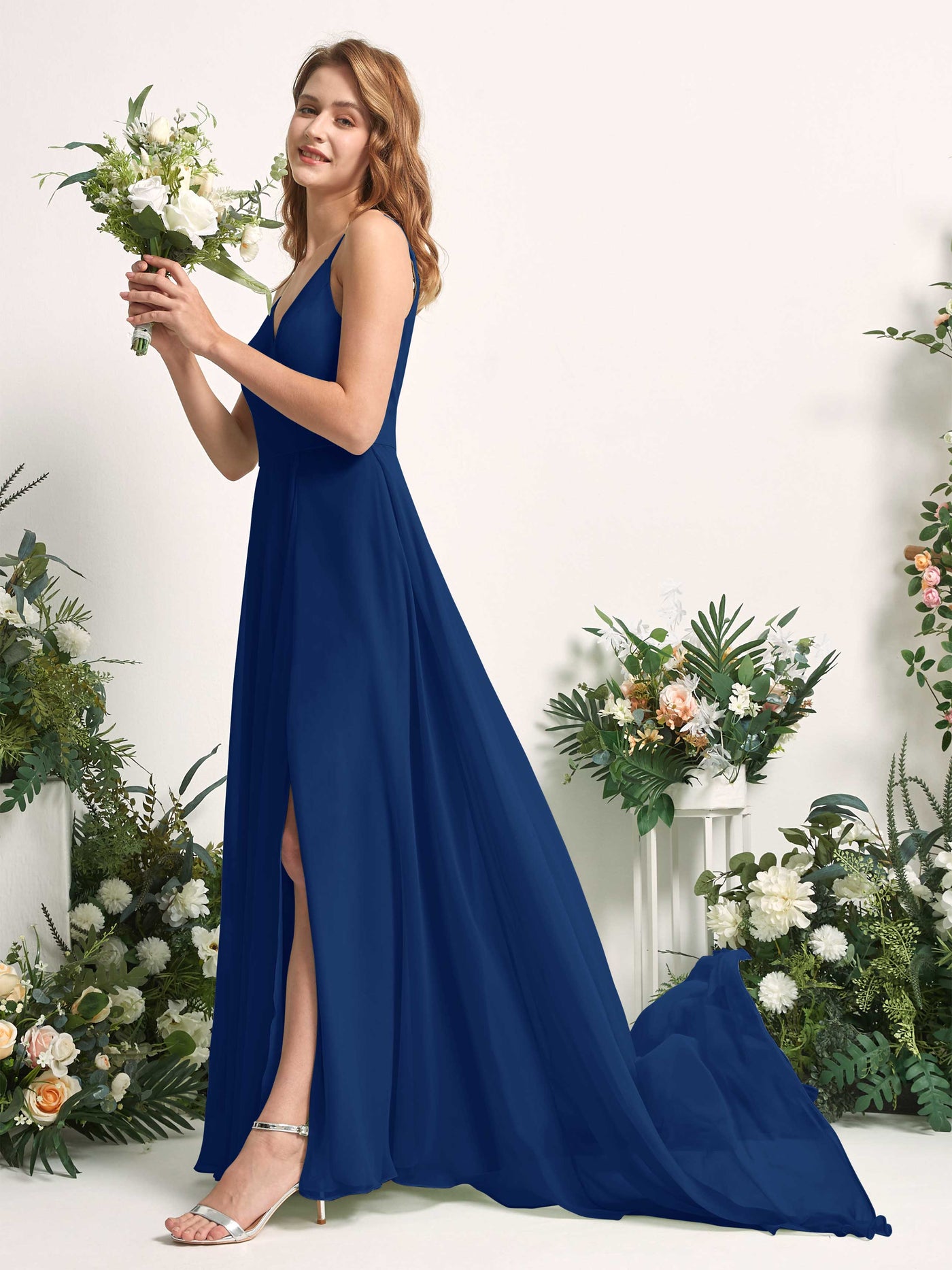 Bridesmaid Dress A-line Chiffon Spaghetti-straps Full Length Sleeveless Wedding Party Dress - Royal Blue (81227737)#color_royal-blue
