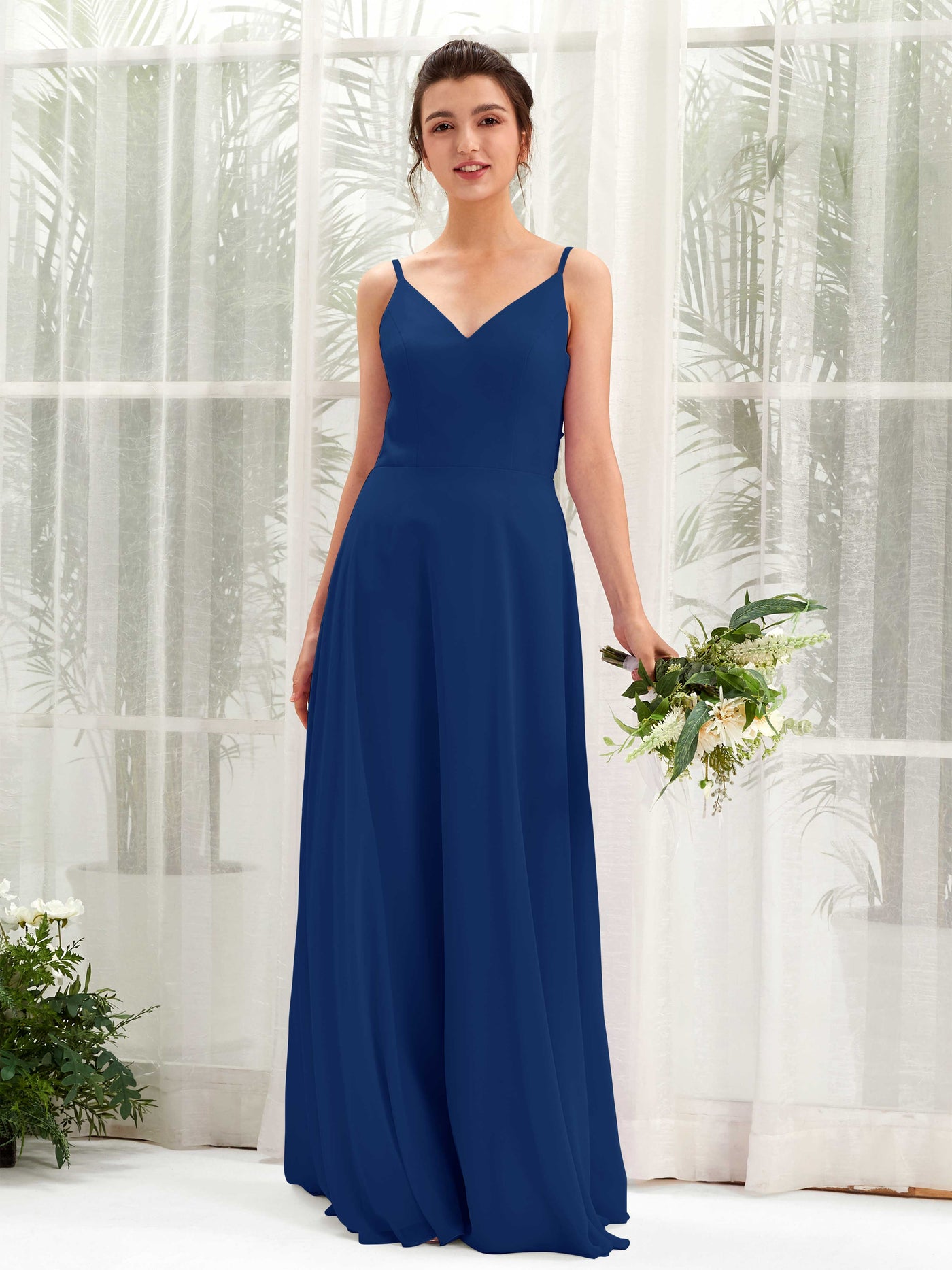A-line Spaghetti-straps V-neck Sleeveless Chiffon Bridesmaid Dress - Royal Blue (81220637)#color_royal-blue