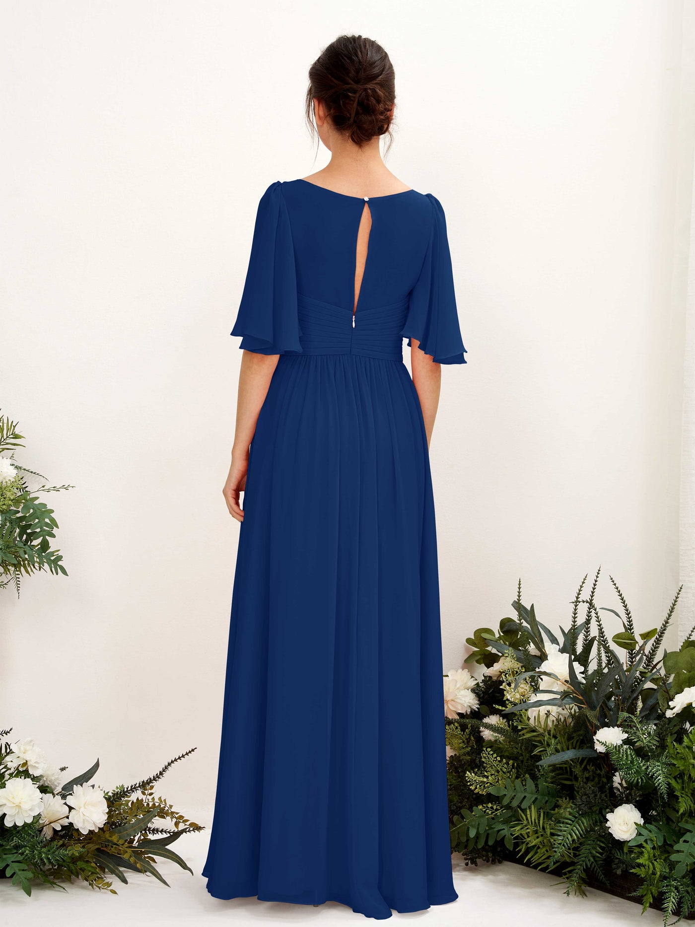 A-line V-neck 1/2 Sleeves Chiffon Bridesmaid Dress - Royal Blue (81221637)#color_royal-blue