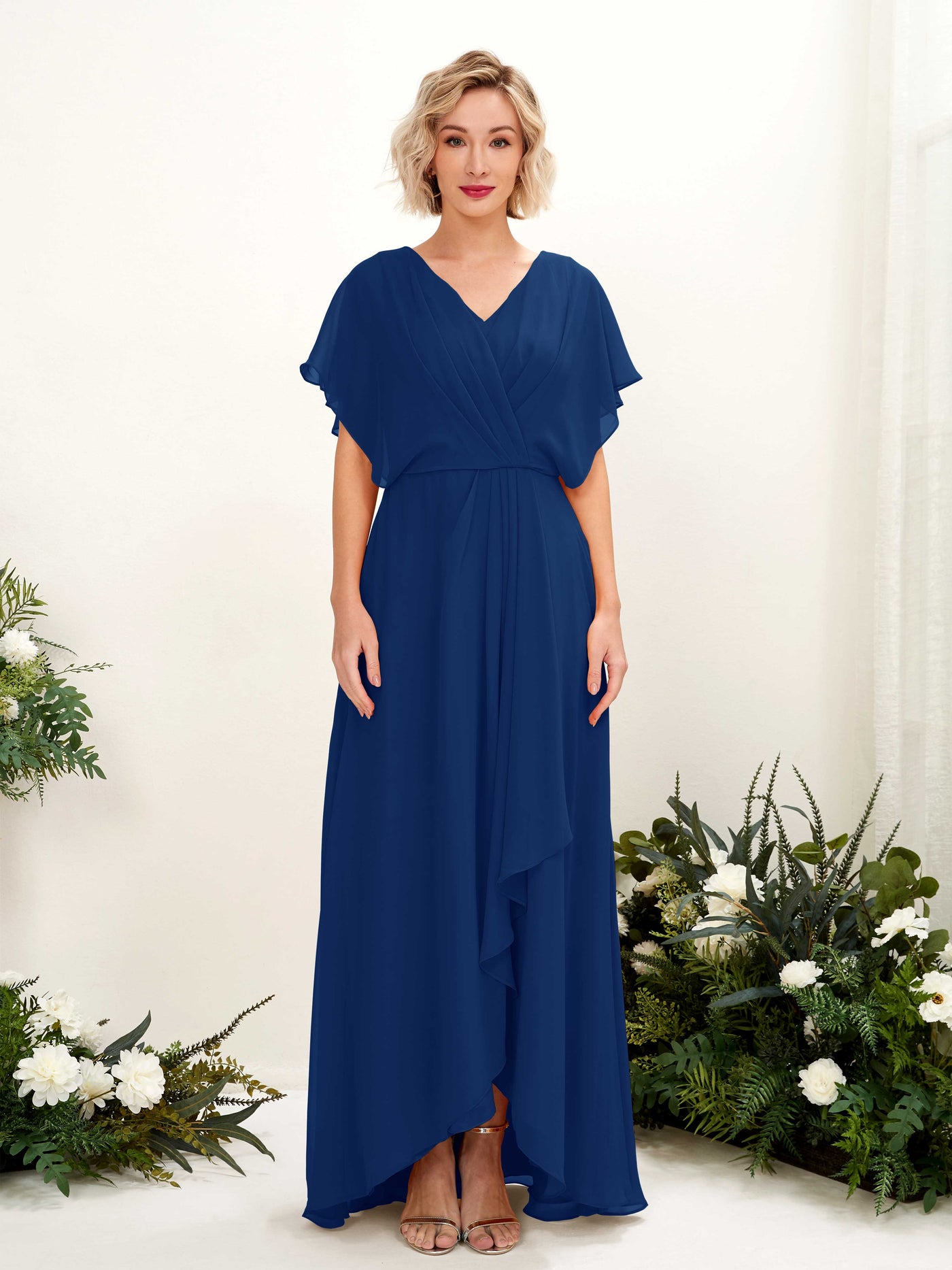 A-line V-neck Short Sleeves Chiffon Bridesmaid Dress - Royal Blue (81222137)#color_royal-blue