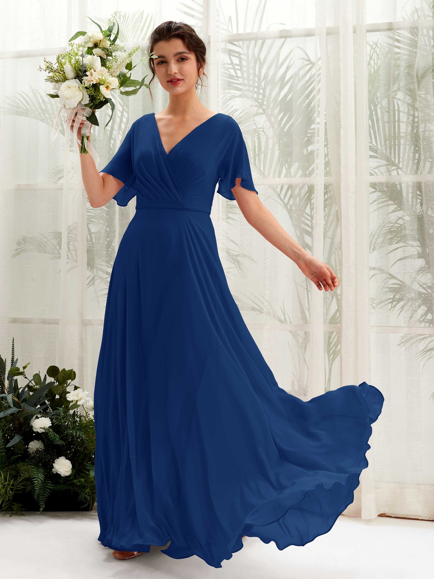 A-line V-neck Short Sleeves Chiffon Bridesmaid Dress - Royal Blue (81224637)#color_royal-blue