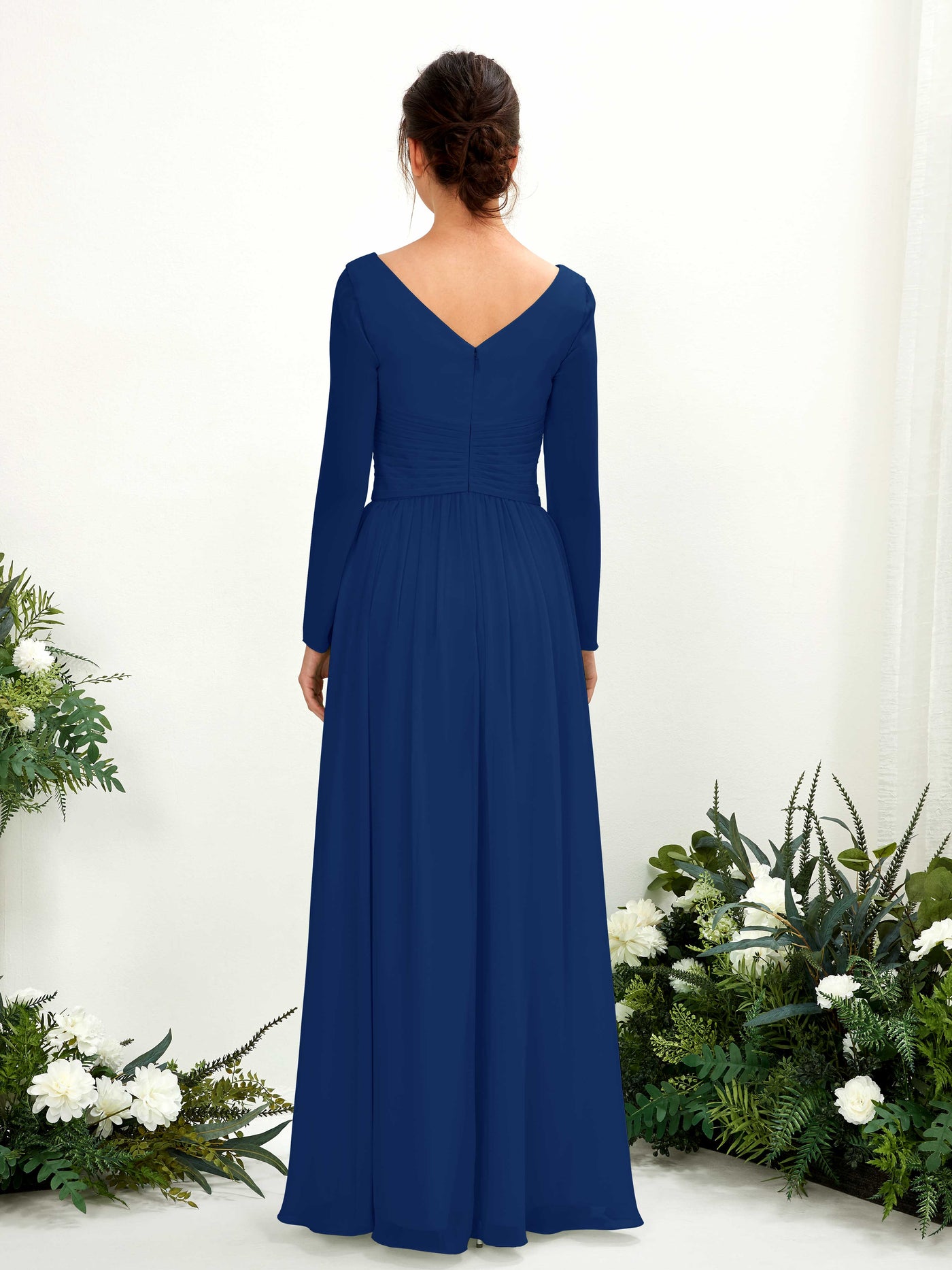 Ball Gown V-neck Long Sleeves Chiffon Bridesmaid Dress - Royal Blue (81220337)#color_royal-blue