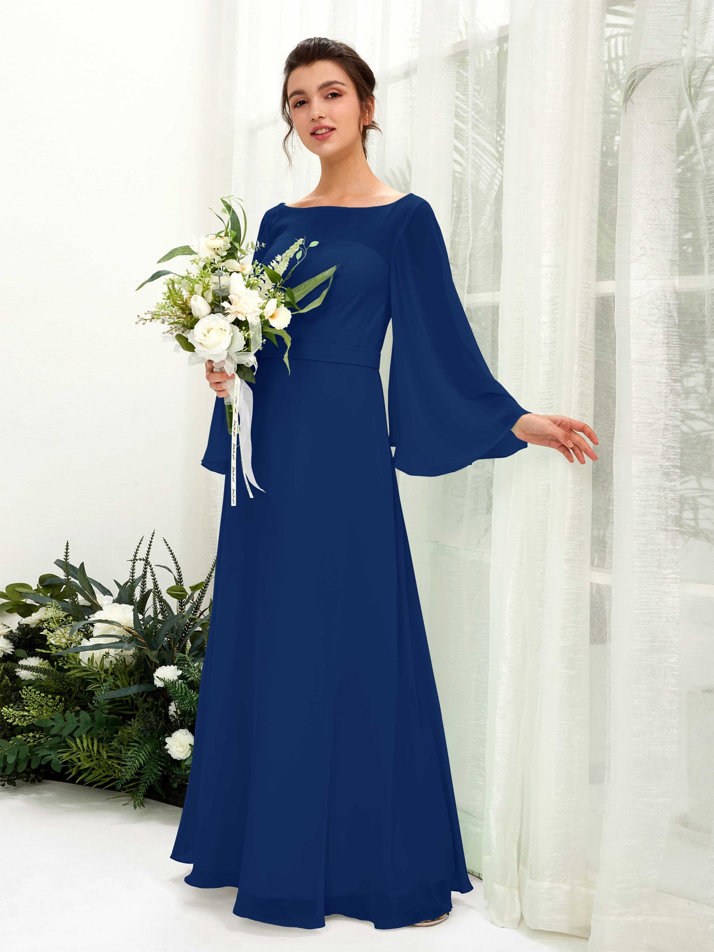 Bateau Illusion Long Sleeves Chiffon Bridesmaid Dress - Royal Blue (81220537)#color_royal-blue