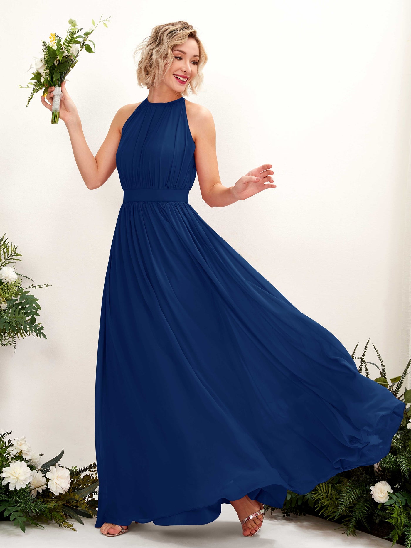 Halter Sleeveless Chiffon Bridesmaid Dress - Royal Blue (81223137)#color_royal-blue