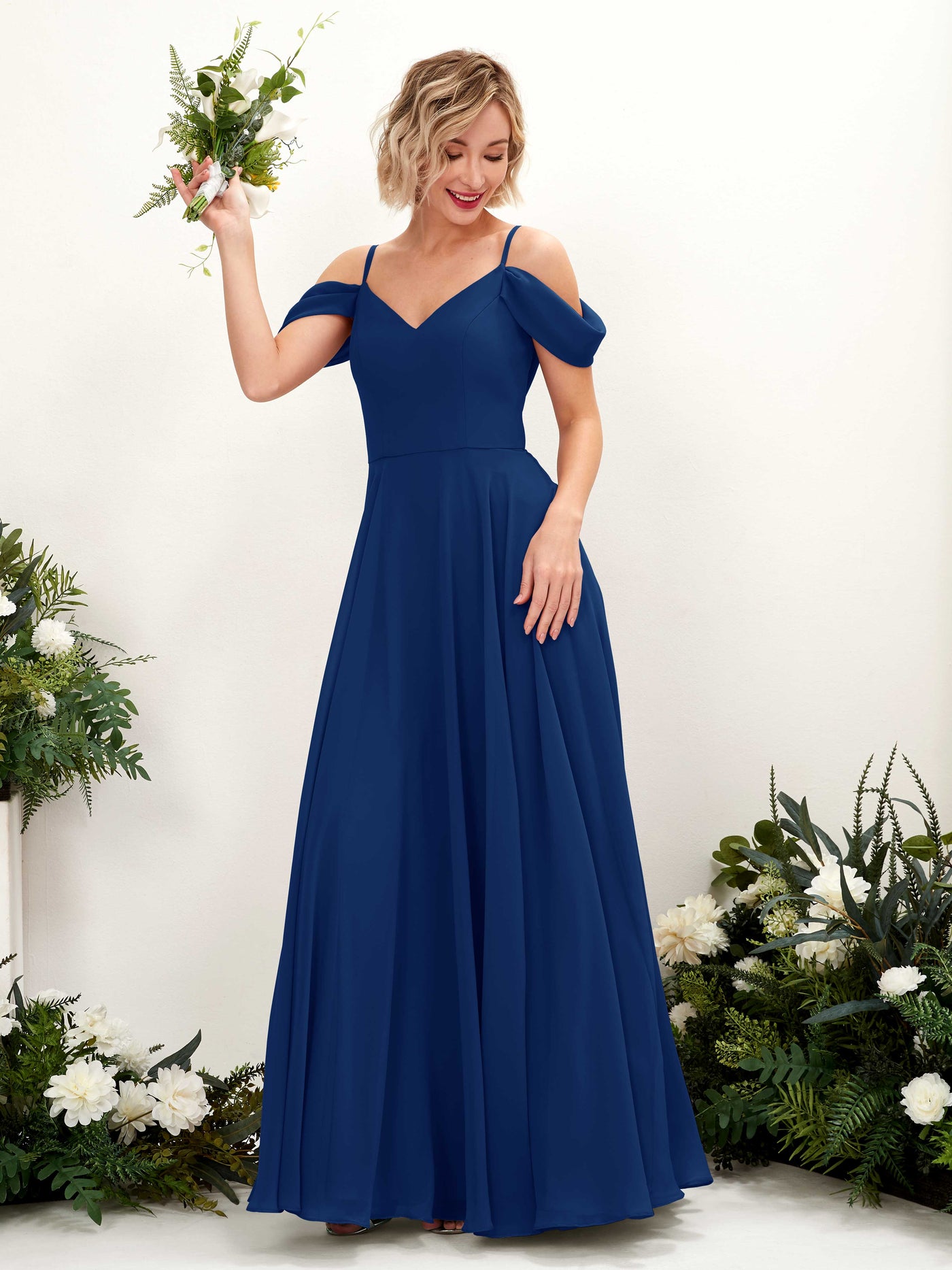 Off Shoulder Straps V-neck Sleeveless Chiffon Bridesmaid Dress - Royal Blue (81224937)#color_royal-blue