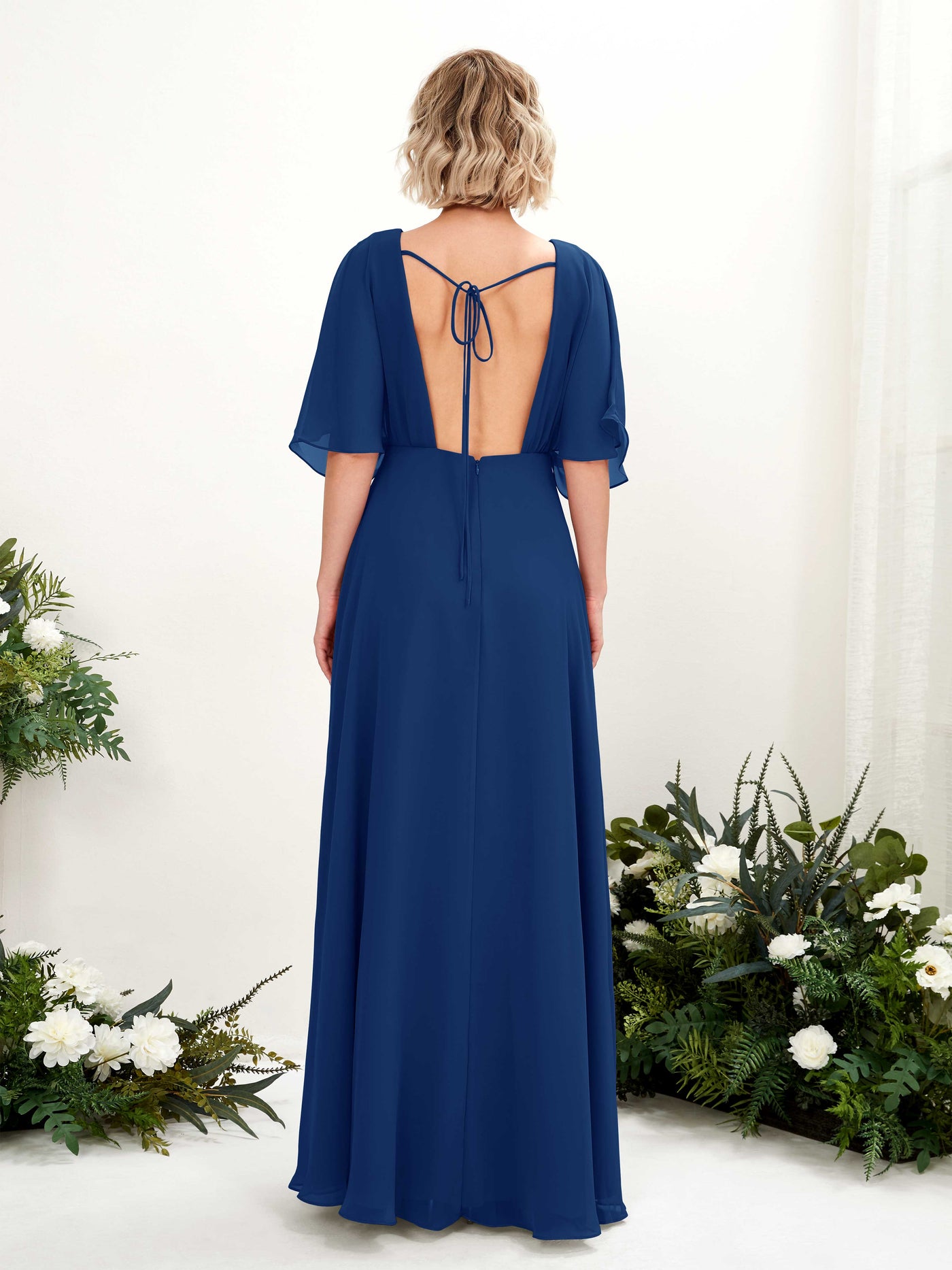 V-neck 1/2 Sleeves Chiffon Bridesmaid Dress - Royal Blue (81225137)#color_royal-blue