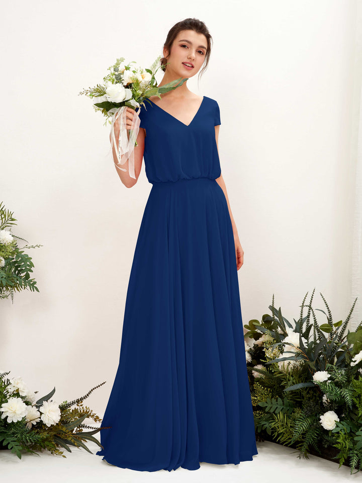 V-neck Cap Sleeves Chiffon Bridesmaid Dress - Royal Blue (81221837)