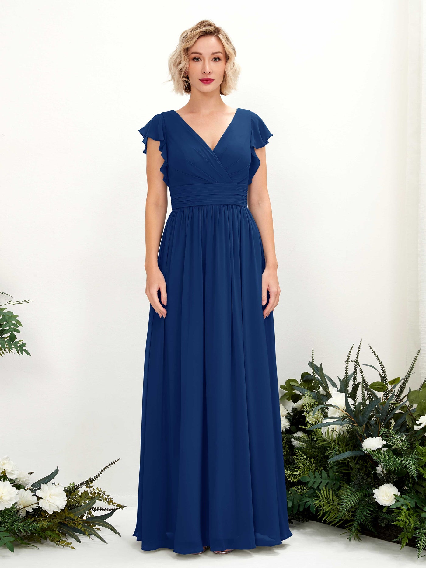 V-neck Short Sleeves Chiffon Bridesmaid Dress - Royal Blue (81222737)#color_royal-blue