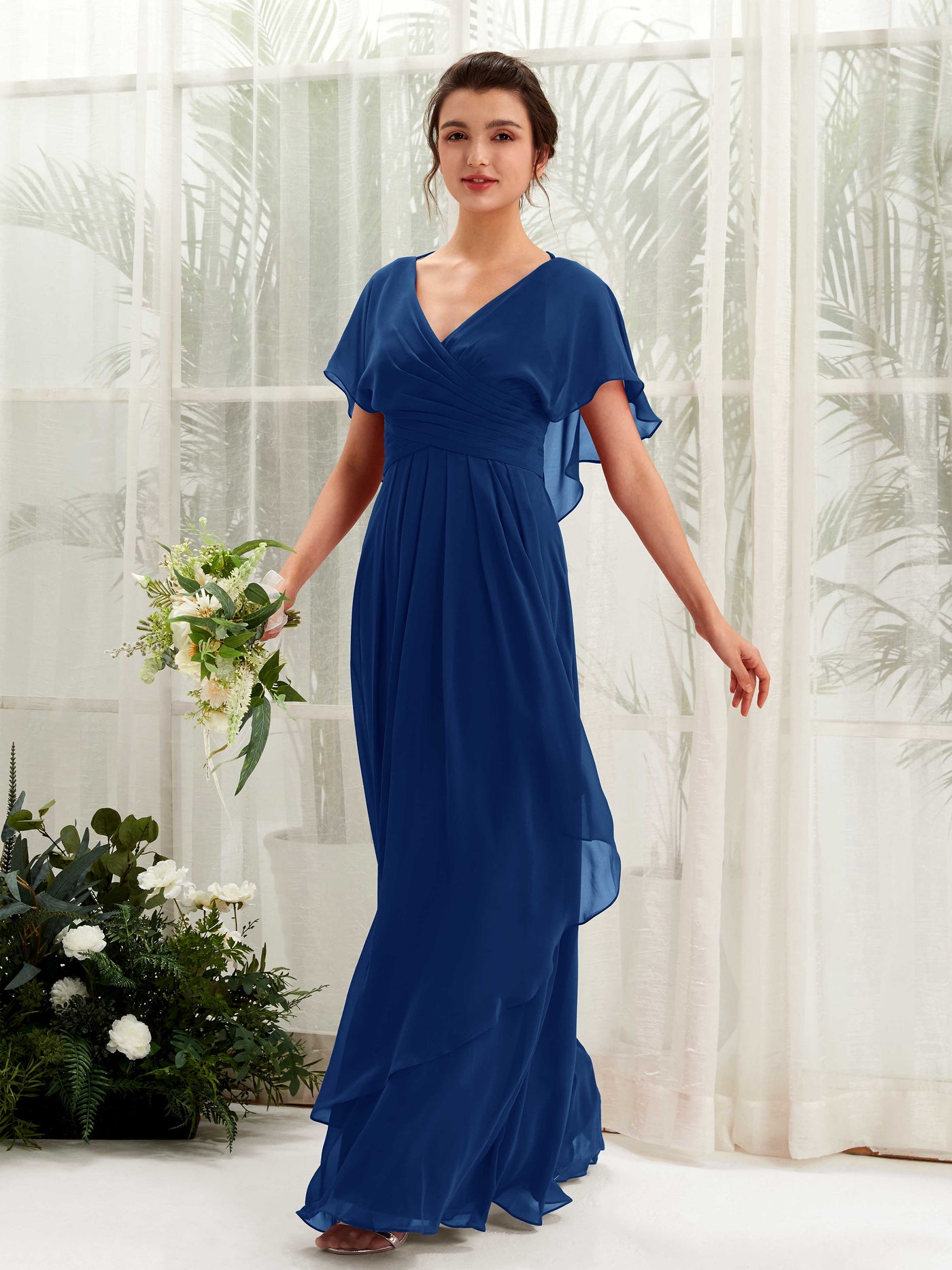 V-neck Short Sleeves Chiffon Bridesmaid Dress - Royal Blue (81226137)#color_royal-blue
