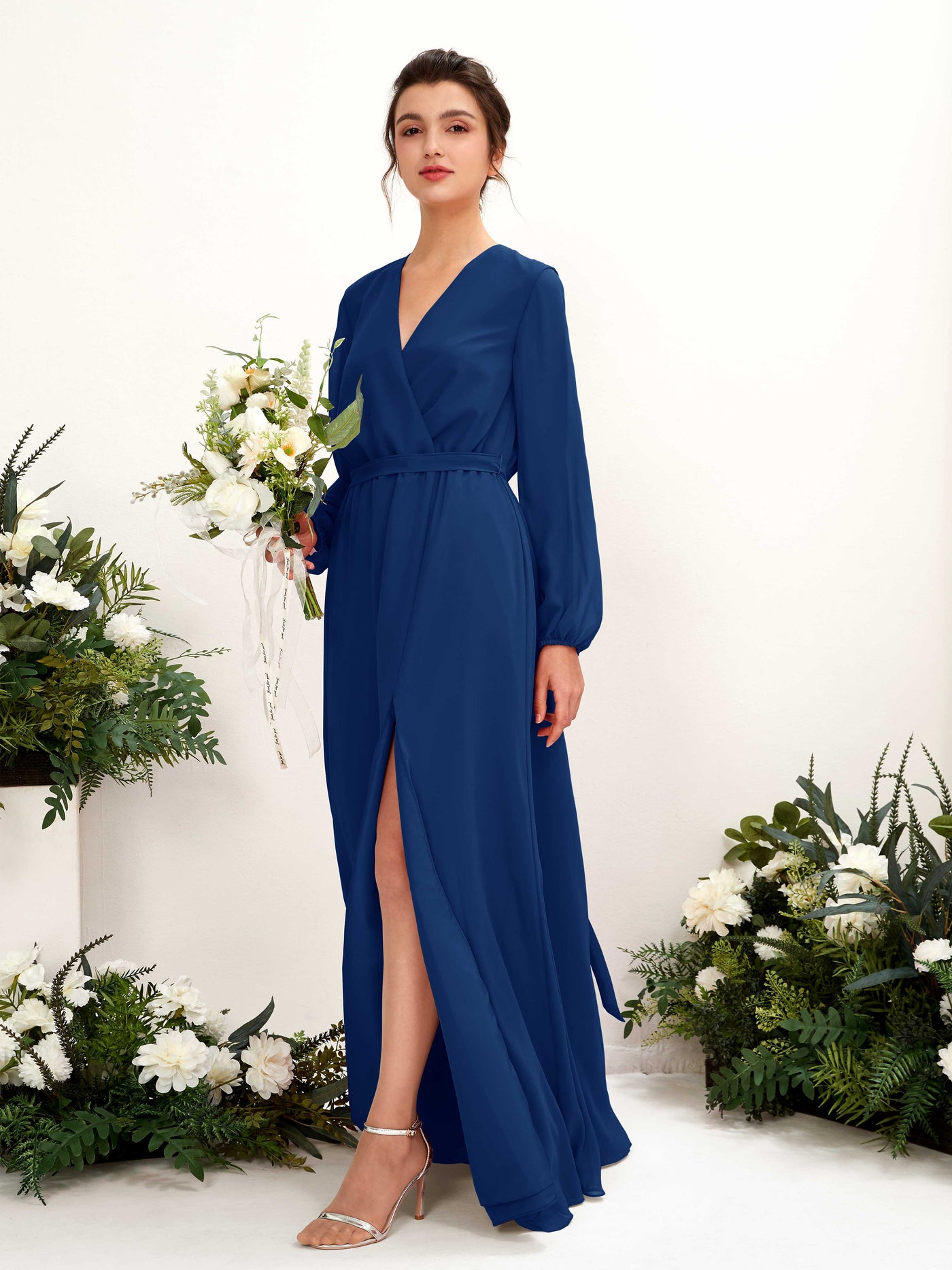 V-neck Long Sleeves Chiffon Bridesmaid Dress - Royal Blue (81223237)#color_royal-blue