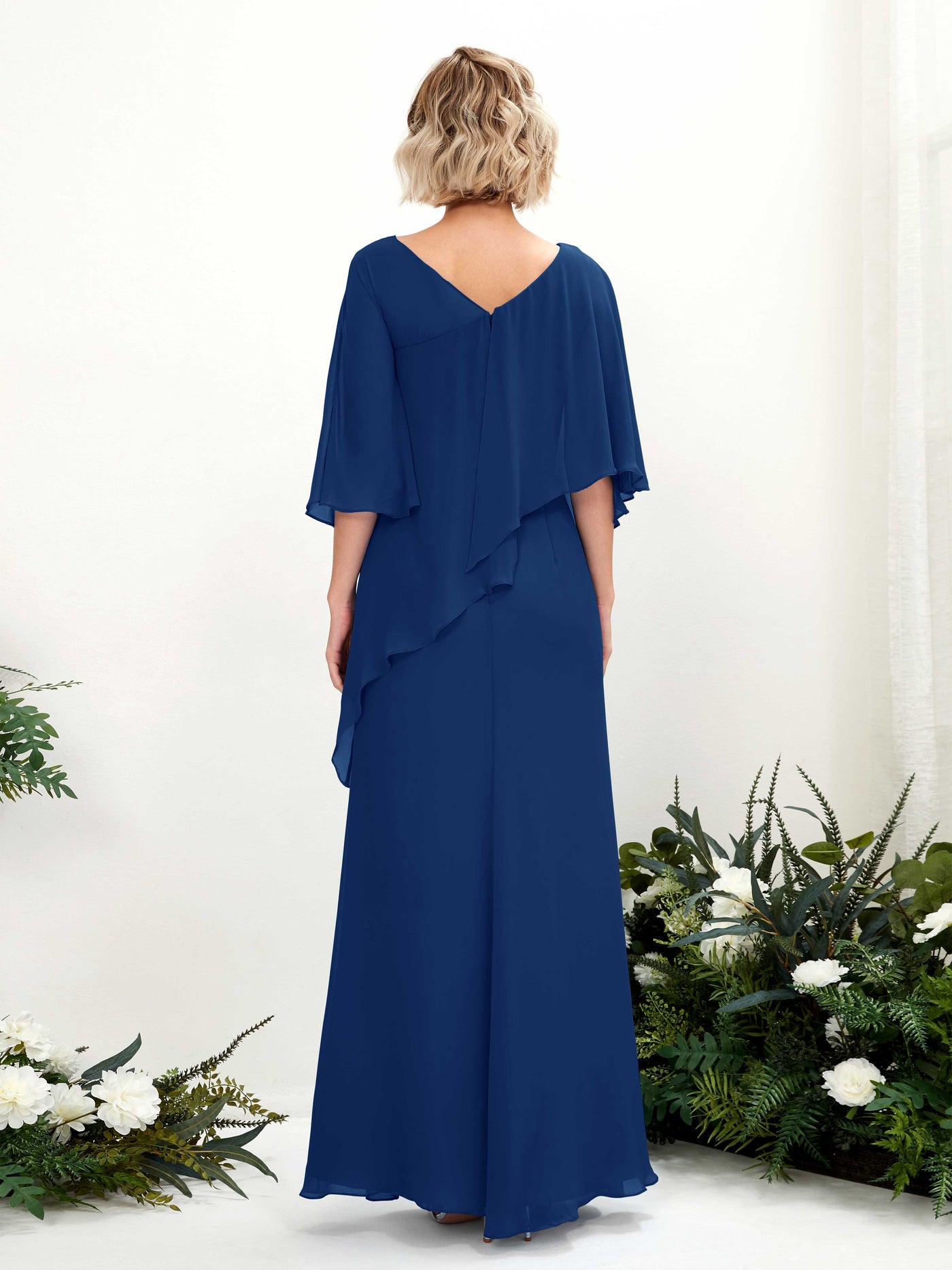 V-neck 3/4 Sleeves Chiffon Bridesmaid Dress - Royal Blue (81222537)#color_royal-blue