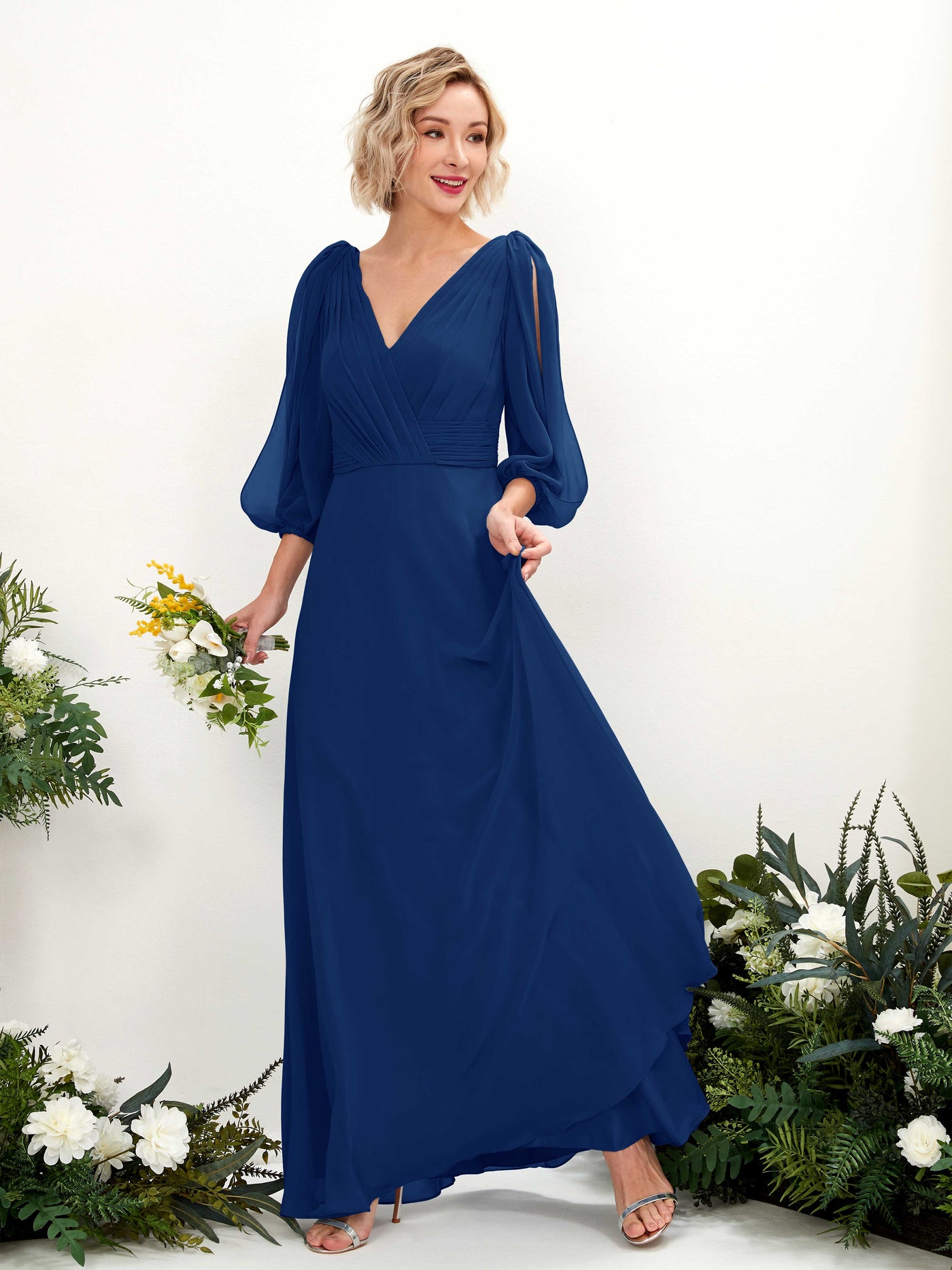 V-neck 3/4 Sleeves Chiffon Bridesmaid Dress - Royal Blue (81223537)#color_royal-blue