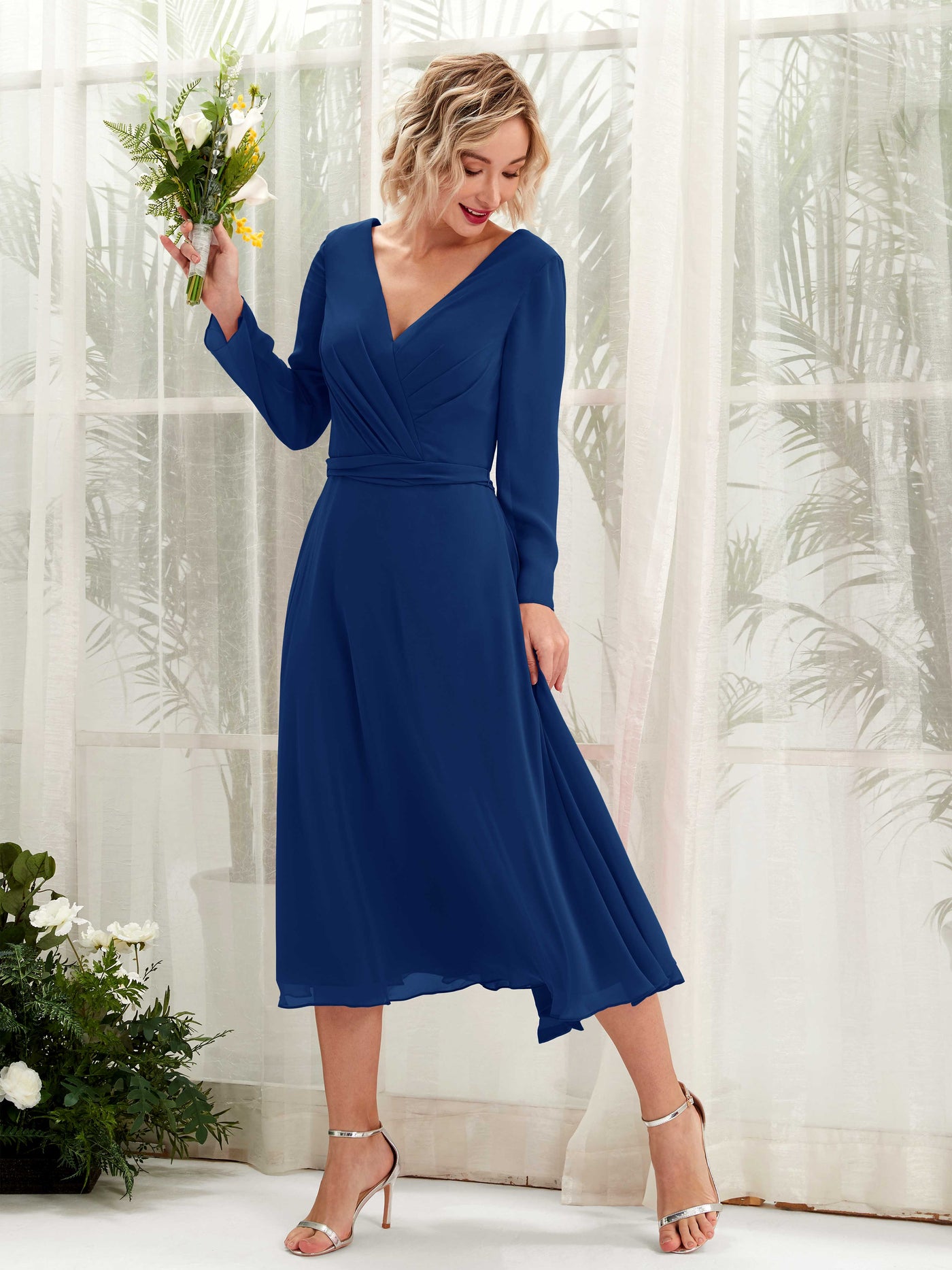 V-neck Long Sleeves Chiffon Bridesmaid Dress - Royal Blue (81223337)#color_royal-blue