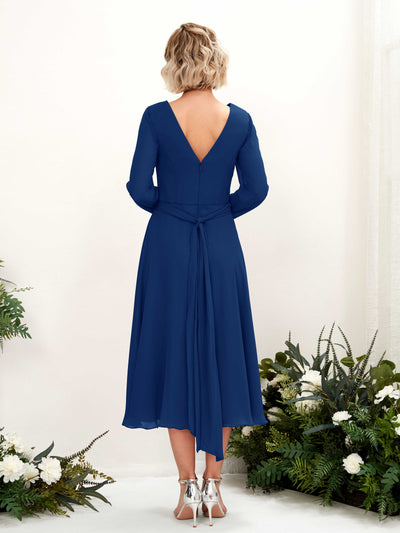 Carlyna Joanna A-Line Royal Blue Bridesmaid Dress Midi Long Sleeve V-Neck  #color_royal-blue