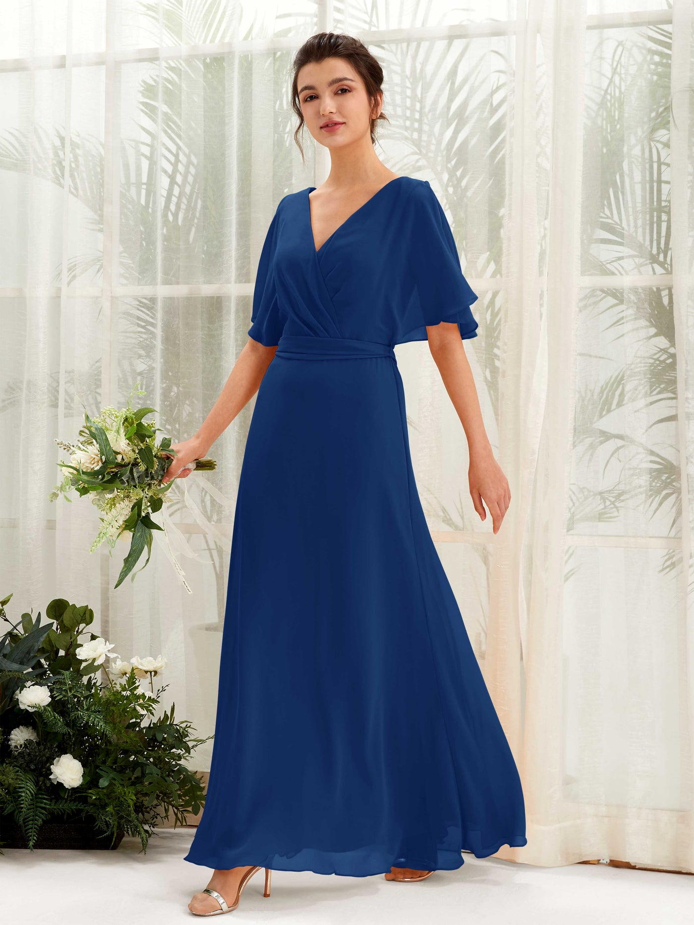 V-neck Short Sleeves Chiffon Bridesmaid Dress - Royal Blue (81222437)#color_royal-blue