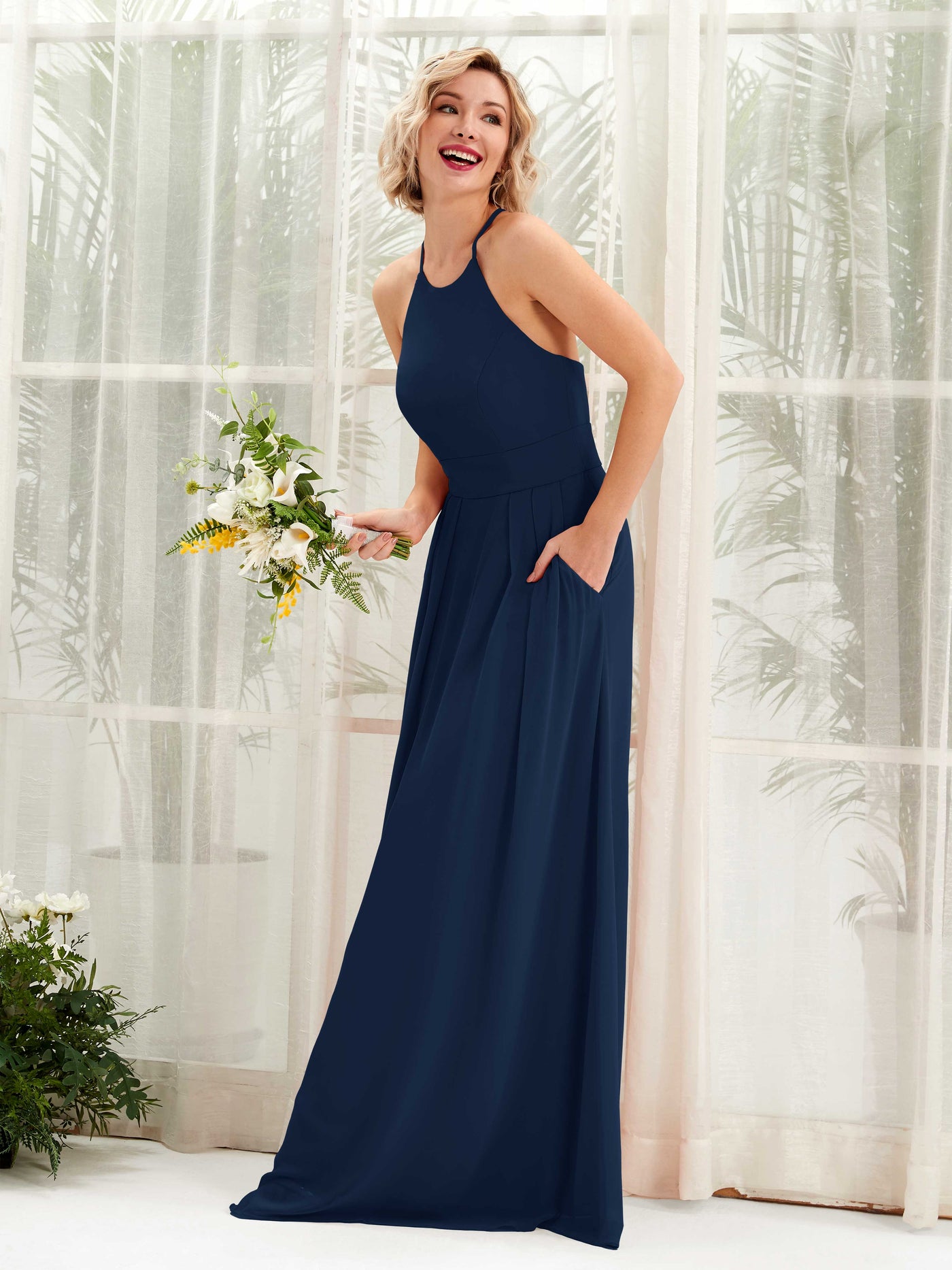 A-line Ball Gown Halter Spaghetti-straps Sleeveless Bridesmaid Dress (81225213)#color_navy