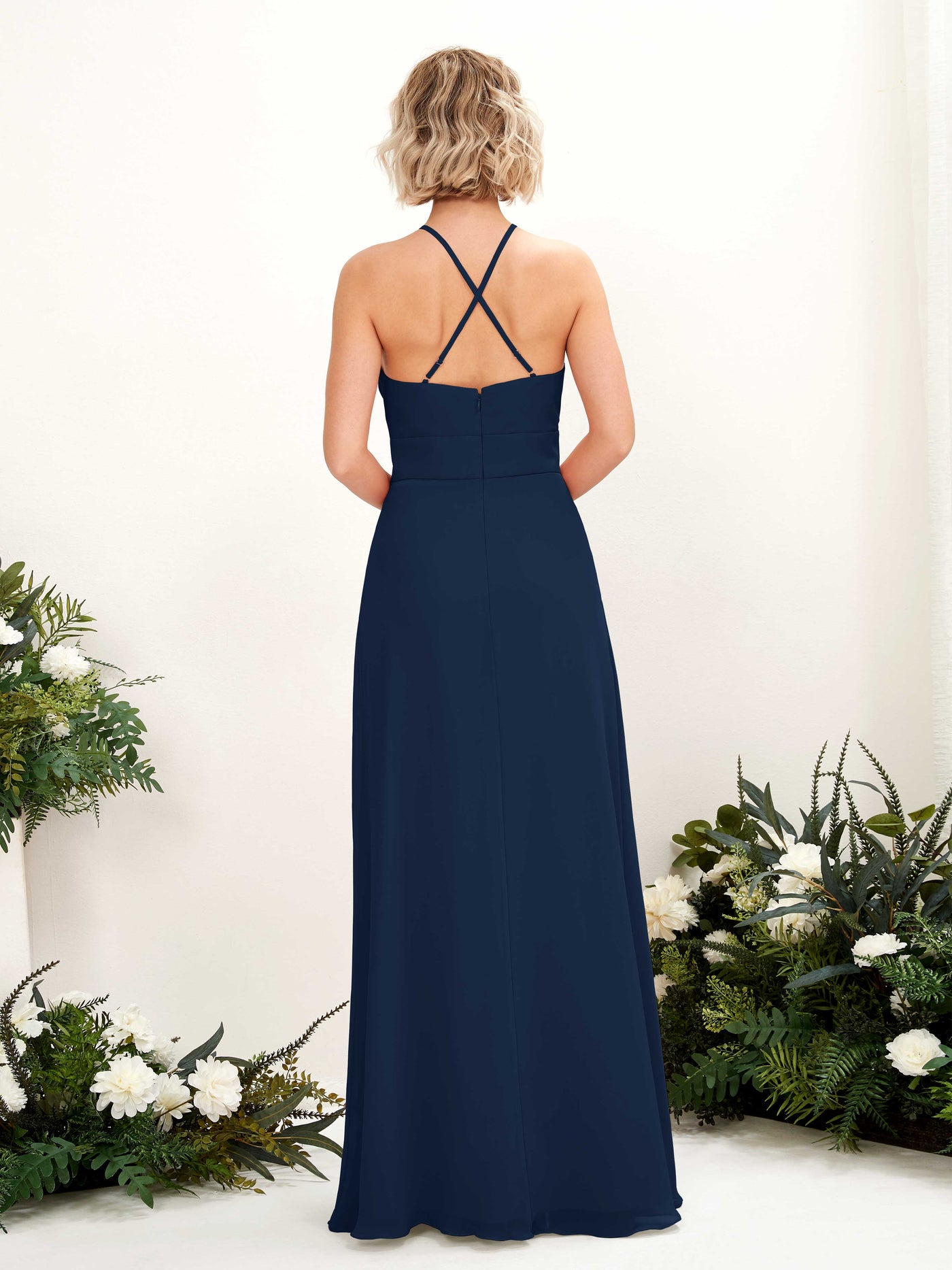 A-line Ball Gown Halter Spaghetti-straps Sleeveless Bridesmaid Dress  (81225213)#color_navy